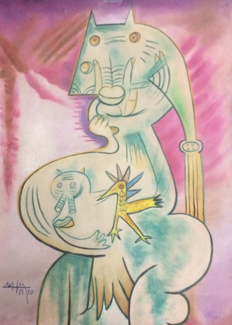 Gouache on paper. Wilfredo Lam 1950: Gouache on paper signed "Wilfredo Lam". 23 1/2 x 31 1/2". Item was siezed from Germany"s "Bernie Madoff" Half Billion Dollar Ponzi Schemer, Ulrich Engler. Aprox retails $77,560. Will be shipped with P