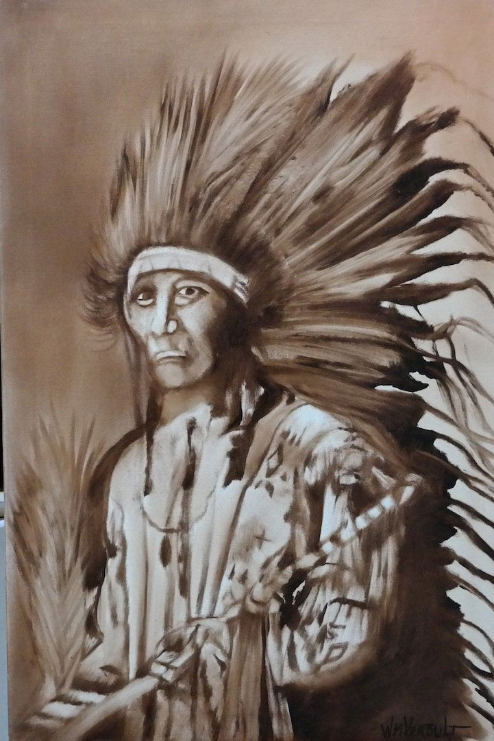 Verdult Original oil Canvas "Rocky Bear Sioux": William Verdult "The Dutchmaster", "Rocky Bear Sioux", oil on canvas. 24" x 36", reg.#847. Appraised $185,000. Item was seized from Germany's "Bernie Madoff" Half Billion Dollar Ponzi Schemer, Ulrich