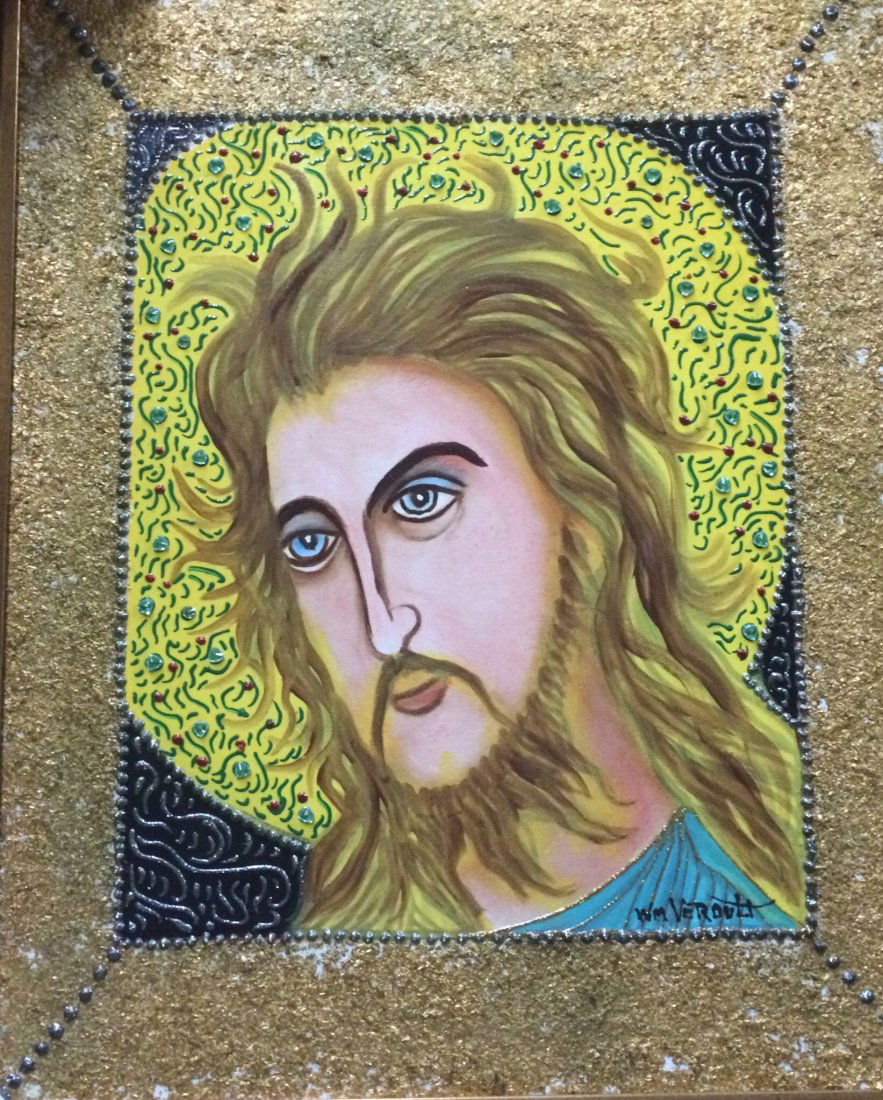 Verdult Original oil canvas John Baptist": William Verdult "The Dutchmaster","Saint John the Baptist", oil on canvas, bejeweled with gemstones and 24kt gold flakes.. 24" x 30", . Appraised $376,000. From Religious Icons Collection. Item was se