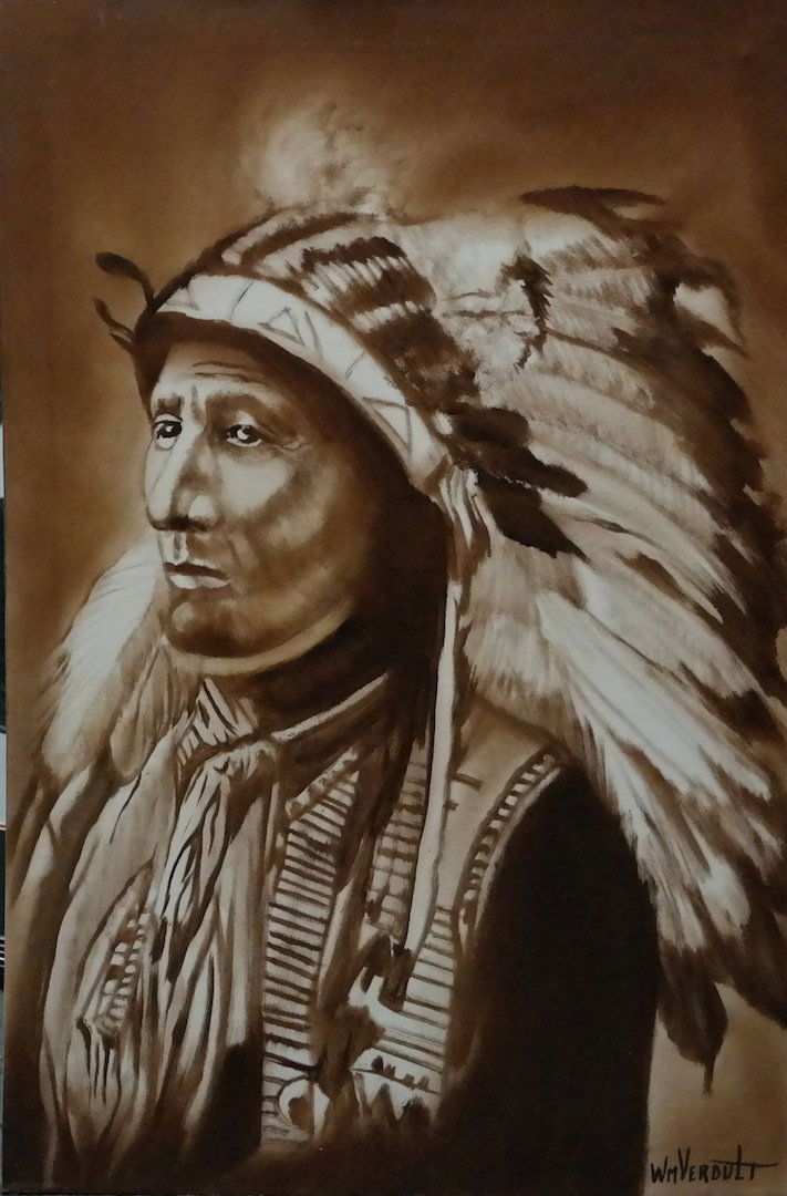 Verdult Original oil canvas "Black Bear Chief": William Verdult "The Dutchmaster", "Black Bear Chief", oil on canvas. 24" x 36". Reg.# 3691. Appraised $210,000. Item was seized from Germany's "Bernie Madoff" Half Billion Dollar Ponzi Schemer, Ulric
