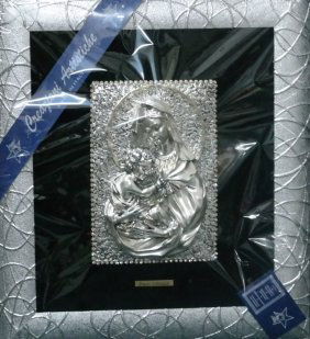 Silver plated Madonna and Child made in Italy.: Authentic Sterling silver plated relief. Madonna and Child with Australian Crystals. Made in Italy. 20"x22"