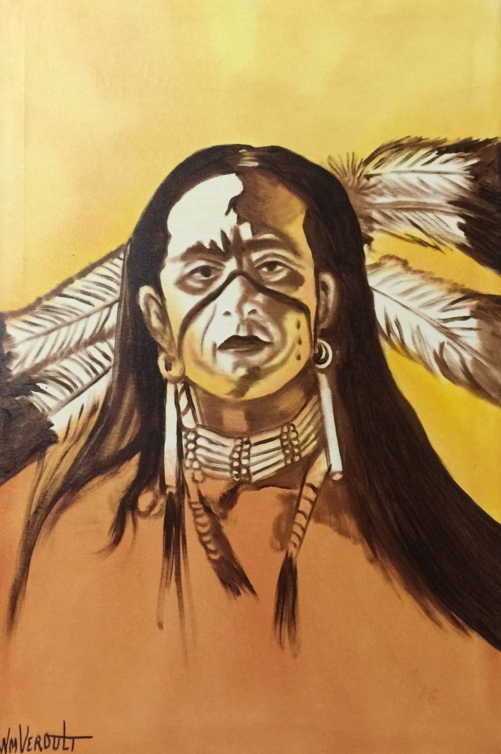 Original Verdult "White Face" oil canvas.: William Verdult "The Dutchmaster","White Face", oil on canvas, 24" x 36", Reg#3491. Appraised $275,000. From the Native American Collection. Item was seized from Germany's "Bernie Madoff" Half Billion