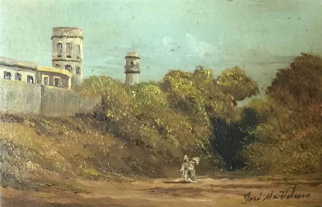 Oil on postcard, Signed Jose Maria Velasco. Detailed.: Jose Maria Velasco Original oil on postcard. Circa early 1900's. 5 1/2"x 3 1/2". . They are extremely detailed and rare.Item was seized from Germany"s "Bernie Madoff" Half Billion Dollar Ponzi Schemer