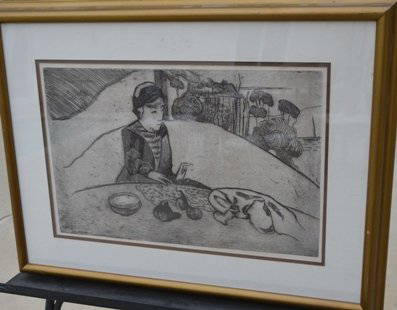 Paul Gaugin & Armand Seguin "Woman with Figs": Original signed in the plate posthumous etching on paper from the original plate; Image size 10 1/2" x 16 1/2", framed