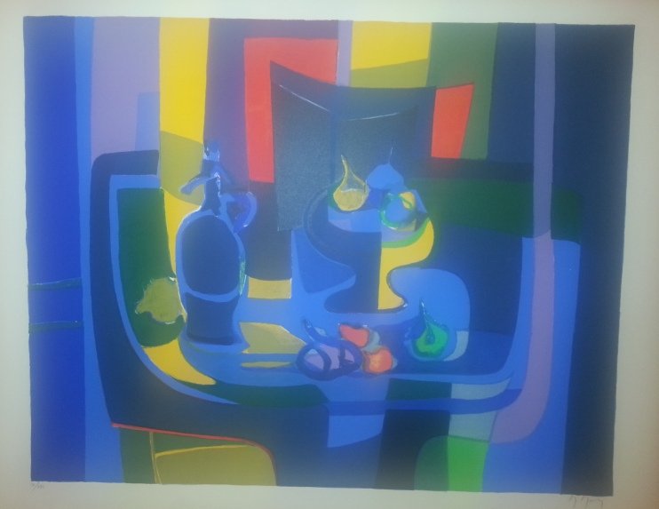 Marcel Mouly "Bouteille Bleue": Original hand signed and numbered lithograph on paper; Image size 21" x 27", unframed