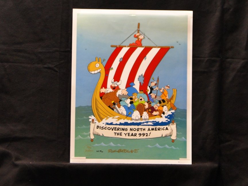 Hagar Discovers America: AP 4/10 hand inked and painted cel on litho background; signed by Dik Browne; RARE signed work; King Features