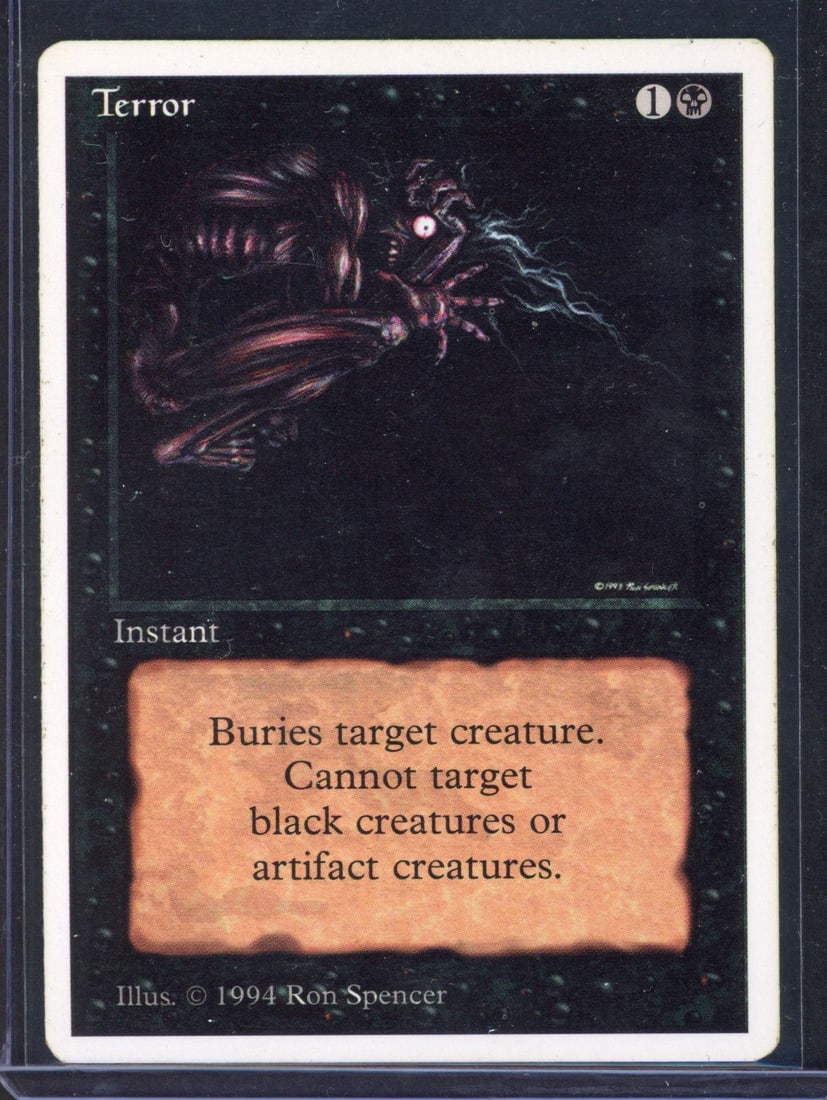 Magic The Gathering - Summer Magic Terror - MOD Play/Good: This lot features the fabled Summer Magic, Terror in moderately played condition. The card has a very clean front but has slight edgewear that's visible on the back right hand side of the card.Summer