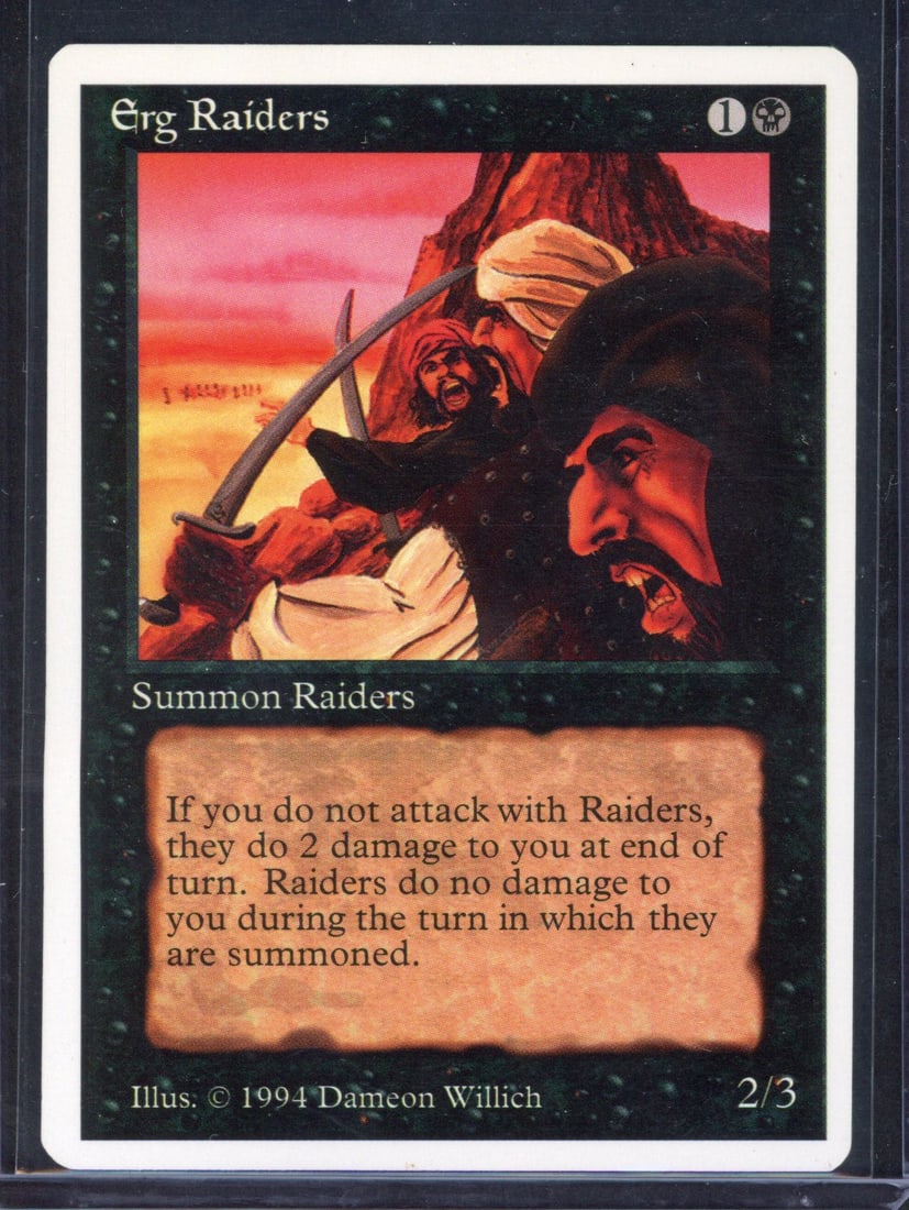 Magic The Gathering - Summer Magic Erg Raider - MOD Play: This lot features the fabled Summer Magic, Erg Raiders in moderately played condition.The card is incredibly clean and would otherwise be considered near mint if not for the minor imperfection - the c