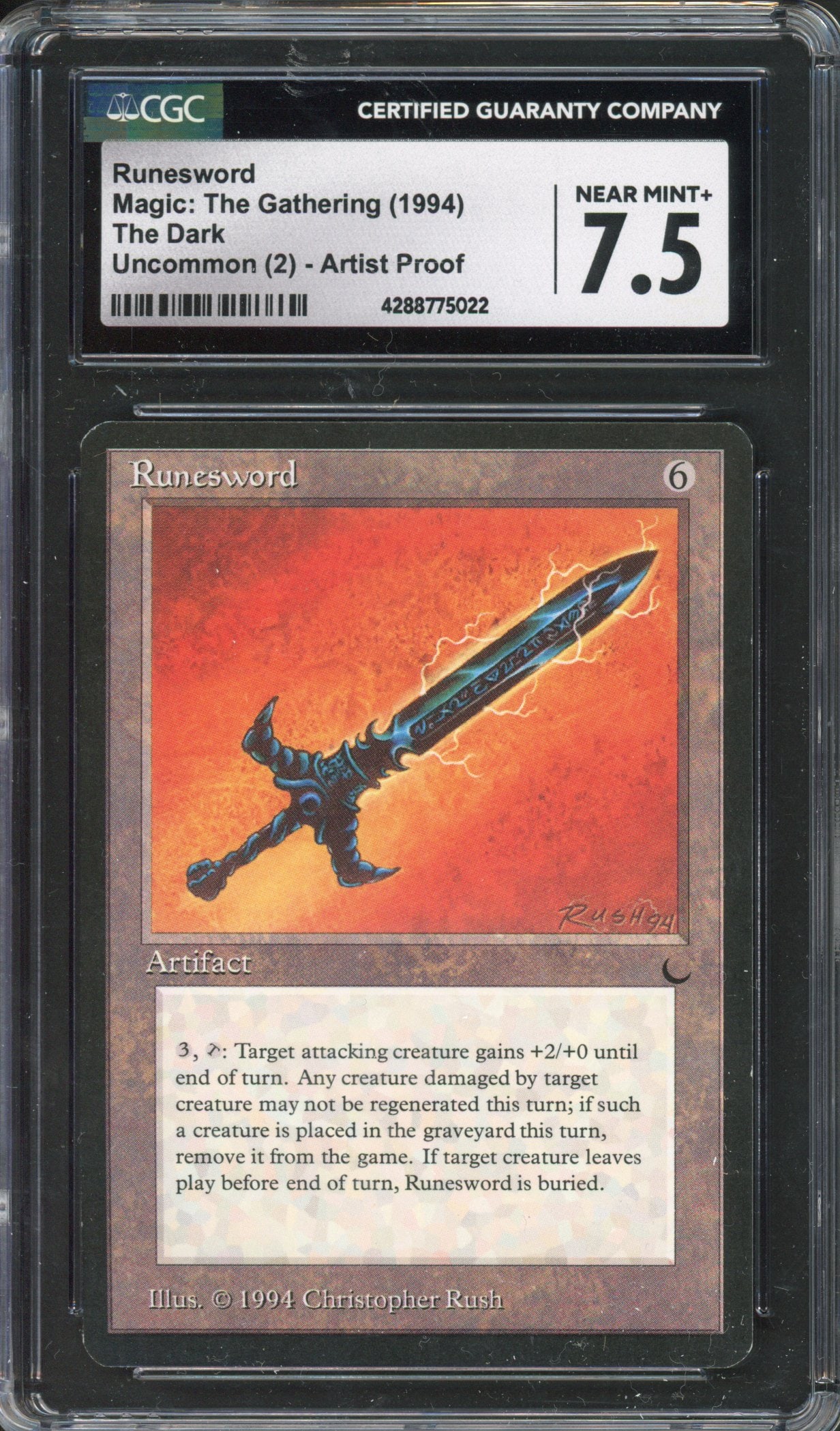 Magic: The Gathering - Runesword Artist Proof - The Dark - CGC 7.5: This lot features an artist proof Runesword from The Dark. This item comes from the collection of former Wizards of the Cost Manager Julian Snape, Julian was a figurehead at the UK branch of Wizards, 