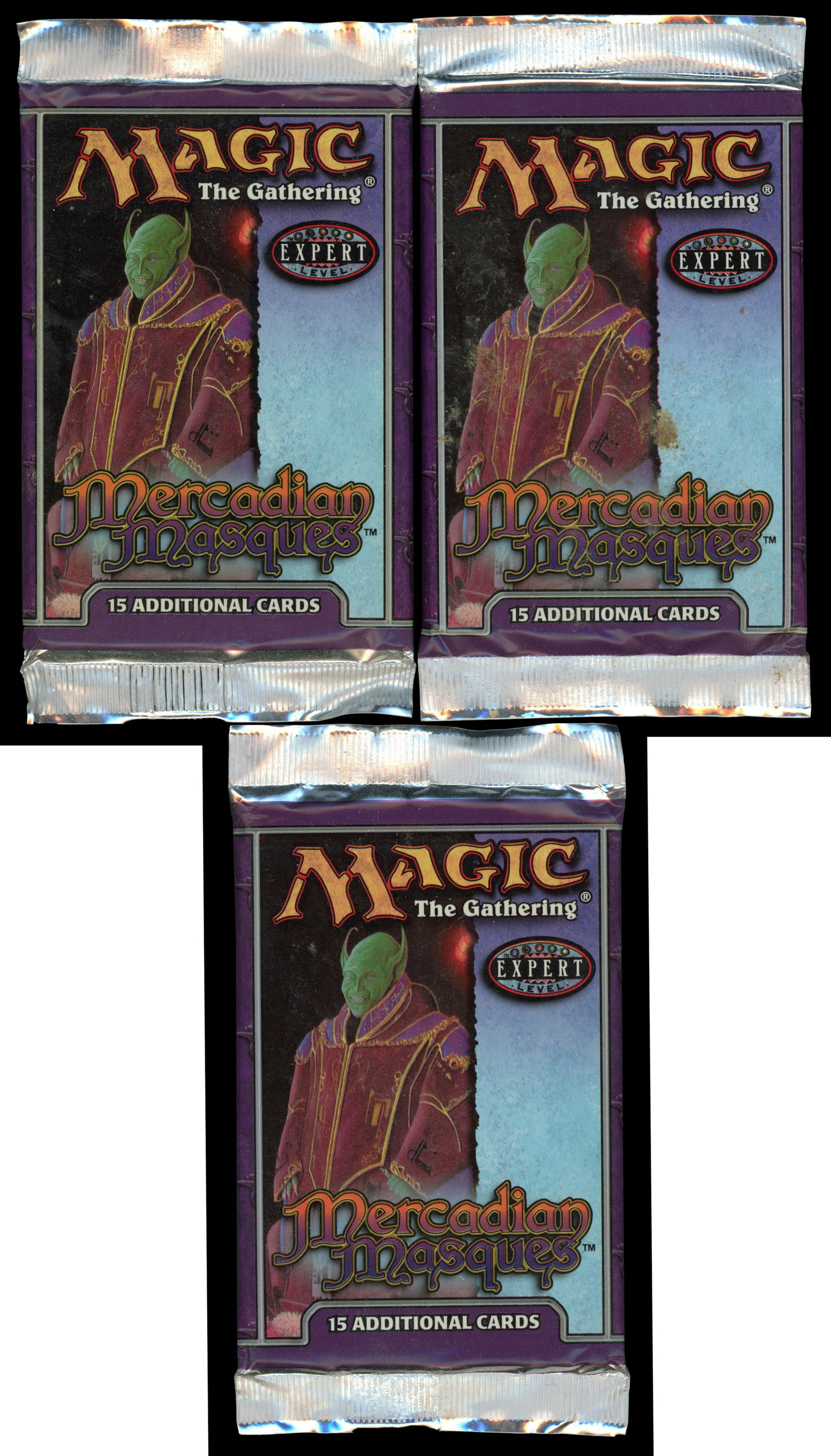 Magic The Gathering - 3x Mercadian Masques Sealed Booster Packs: This lot features three completely sealed Mercadian Masques booster packs - perfect for that draft! The packs are all sealed and feature three packs of Squee artwork! The packs have been authenticated