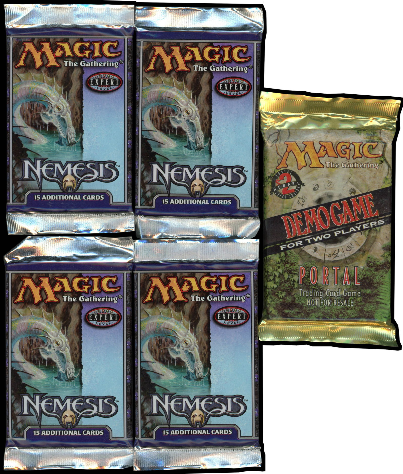 Magic The Gathering - 4x Nemesis Sealed Booster Packs and 1 Portal Demo Pack: This lot features four completely sealed Nemesis booster packs. It also includes a Portal 2-Player Demo pack, these are very hard to find and were only given out in local game stores in 1998. You are 