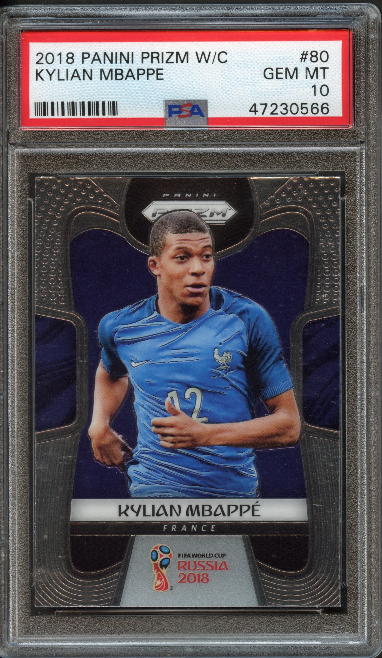 PSA 10 2018 Kylian Mbappé Panini Prizm W/: 2018 Kylian Mbappé Panini Prizm W/C, graded and authenticated by PSA scoring an impressive Gem Mint 10.About Kylian Mbappé: Kylian Mbappé has been behind some of the most unforgettable moments in m