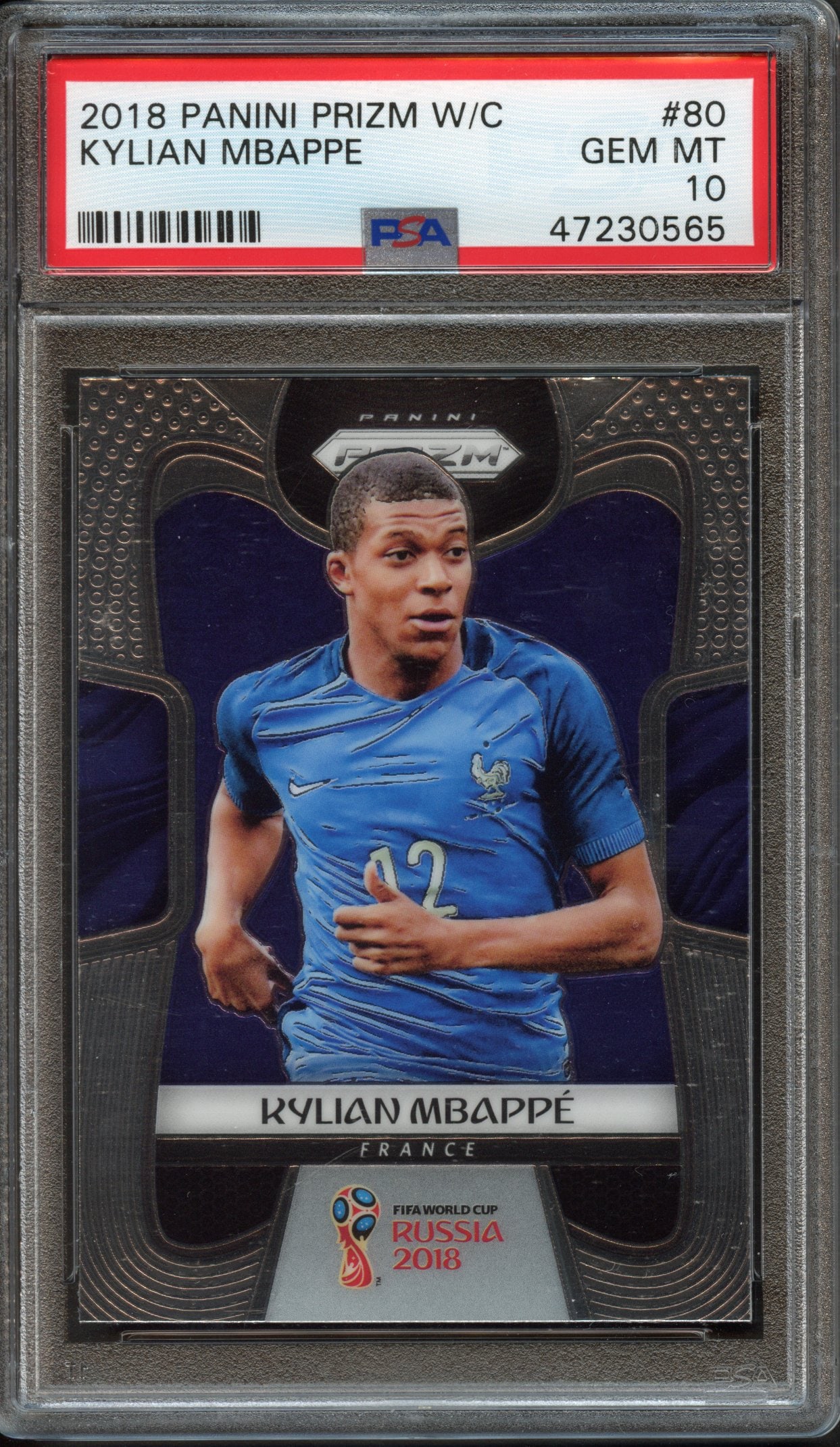 PSA 10 2018 Kylian Mbappé Panini Prizm W/C Base Car: 2018 Kylian Mbappé Panini Prizm W/C Base Card, graded and authenticated by PSA scoring an impressive Gem Mint 10.About Kylian Mbappé: Kylian Mbappé has been behind some of the most unforgettable mo