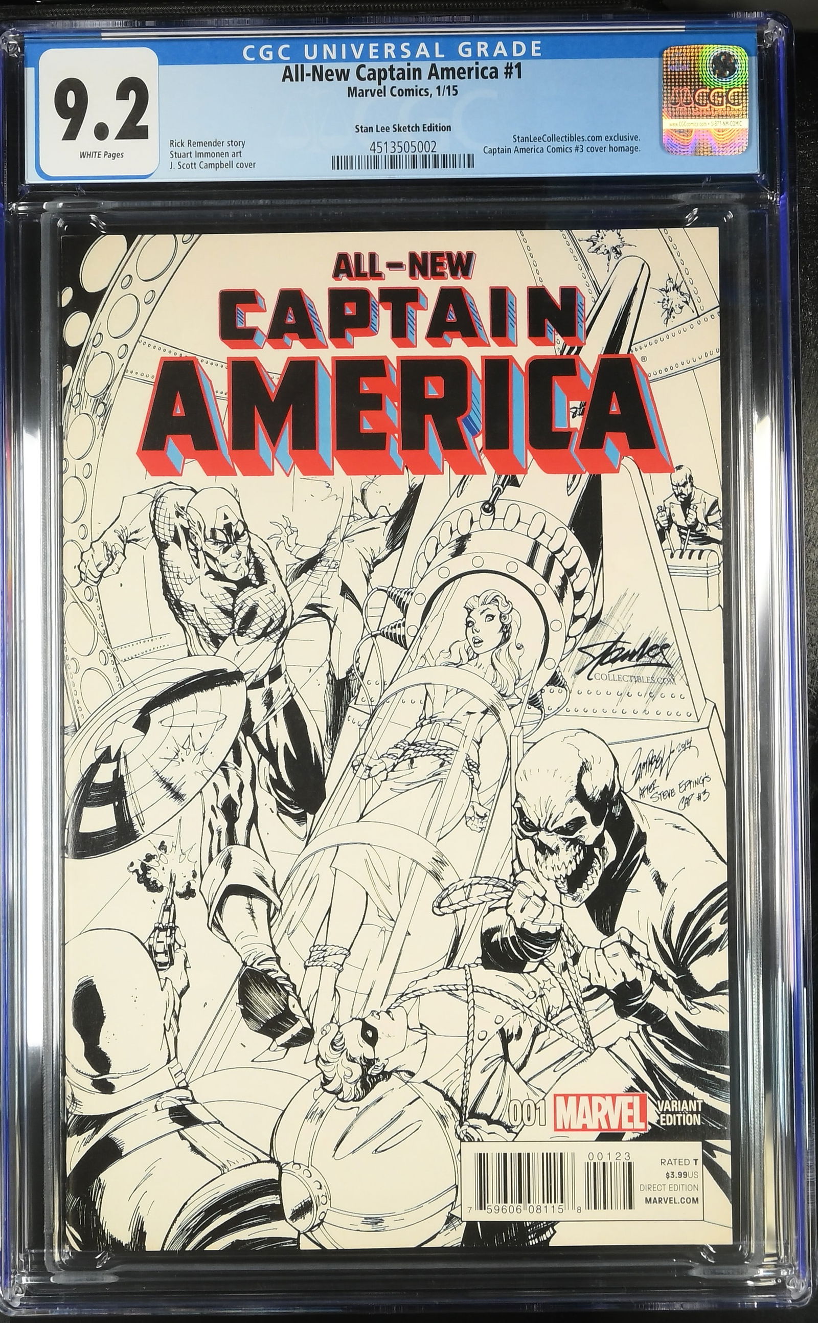 All New Captain America #1 (Marvel Comics 2015) CGC 9.2 Stan Lee Exclusive: All New Captain America #1 (Marvel Comics 2015) CGC 9.2 Graded, white pages. Stan Lee Exclusive, J Scott Campbell cover.??????Art by Stuart Immonen. Written by Rick Remender.CGC Cert 4513505002CGC Gra