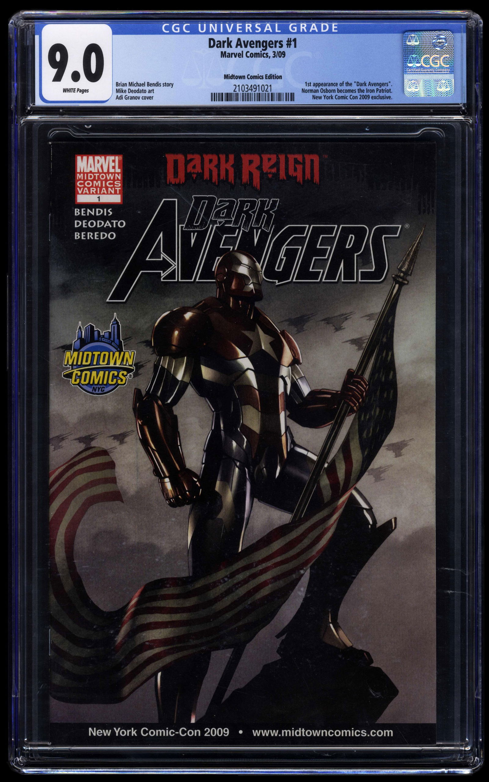 Dark Avengers #1 (Marvel Comics 2009) CGC 9.0 Midtown Comics: Dark Avengers #1 (Marvel Comics 2009) CGC Graded 9.0, VF/NM, white pages. Midtown Comics variant.??????Art by Rain Beredo, Marko Djurdjevic, Adi Granov, Laura Martin, Daniele Rudoni, Mike Deodato Jr.,