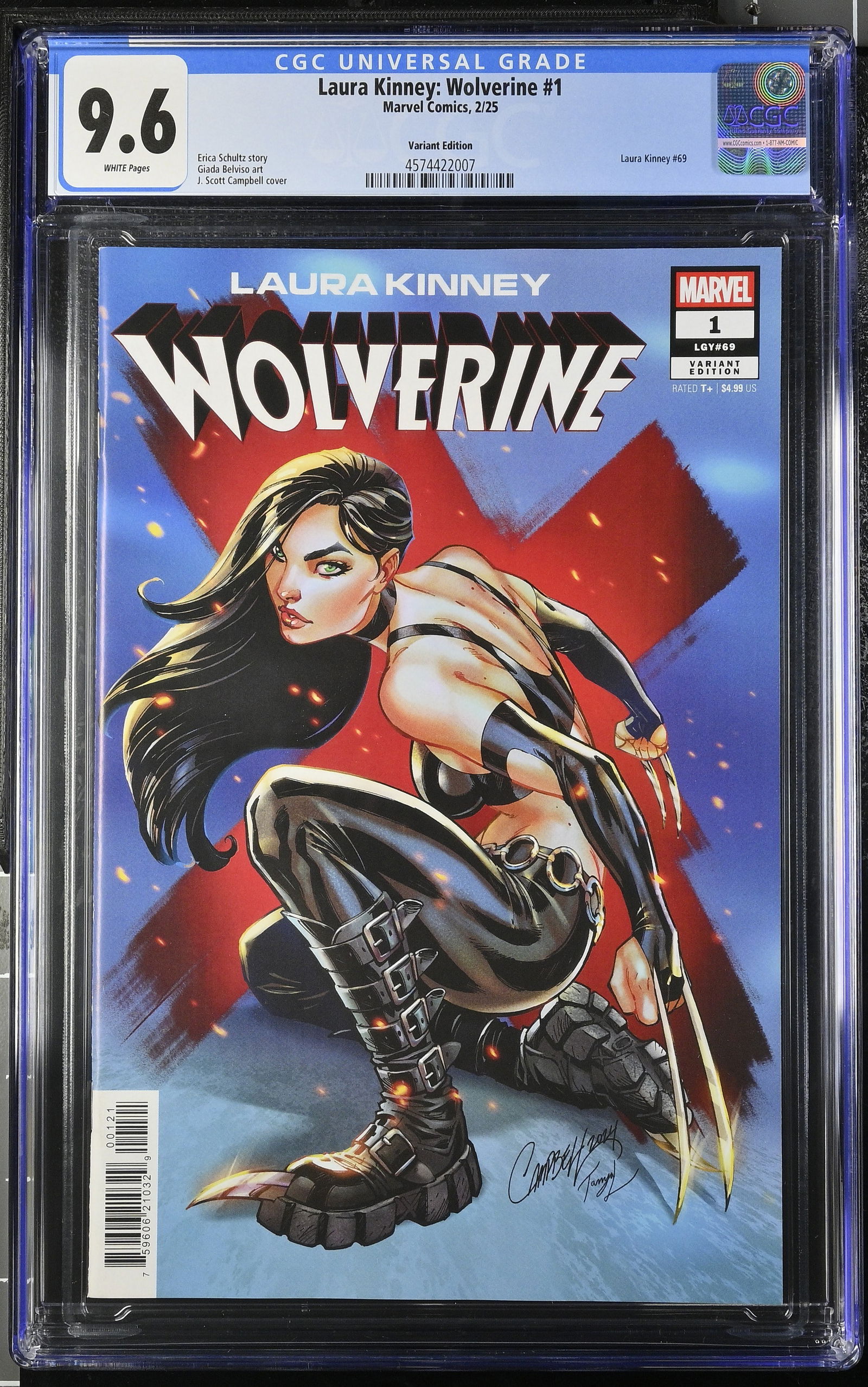 Laura Kinney Wolverine #1 (Marvel Comics 2025) CGC 9.6 J Scott Campbell variant: Laura Kinney Wolverine #1 (Marvel Comics 2025) CGC 9.6, white pages. J Scott Campbell variant. Art by Giada Belviso. Written by Erica Schultz. CGC Cert 4574422007. CGC Graders notes bend right bottom