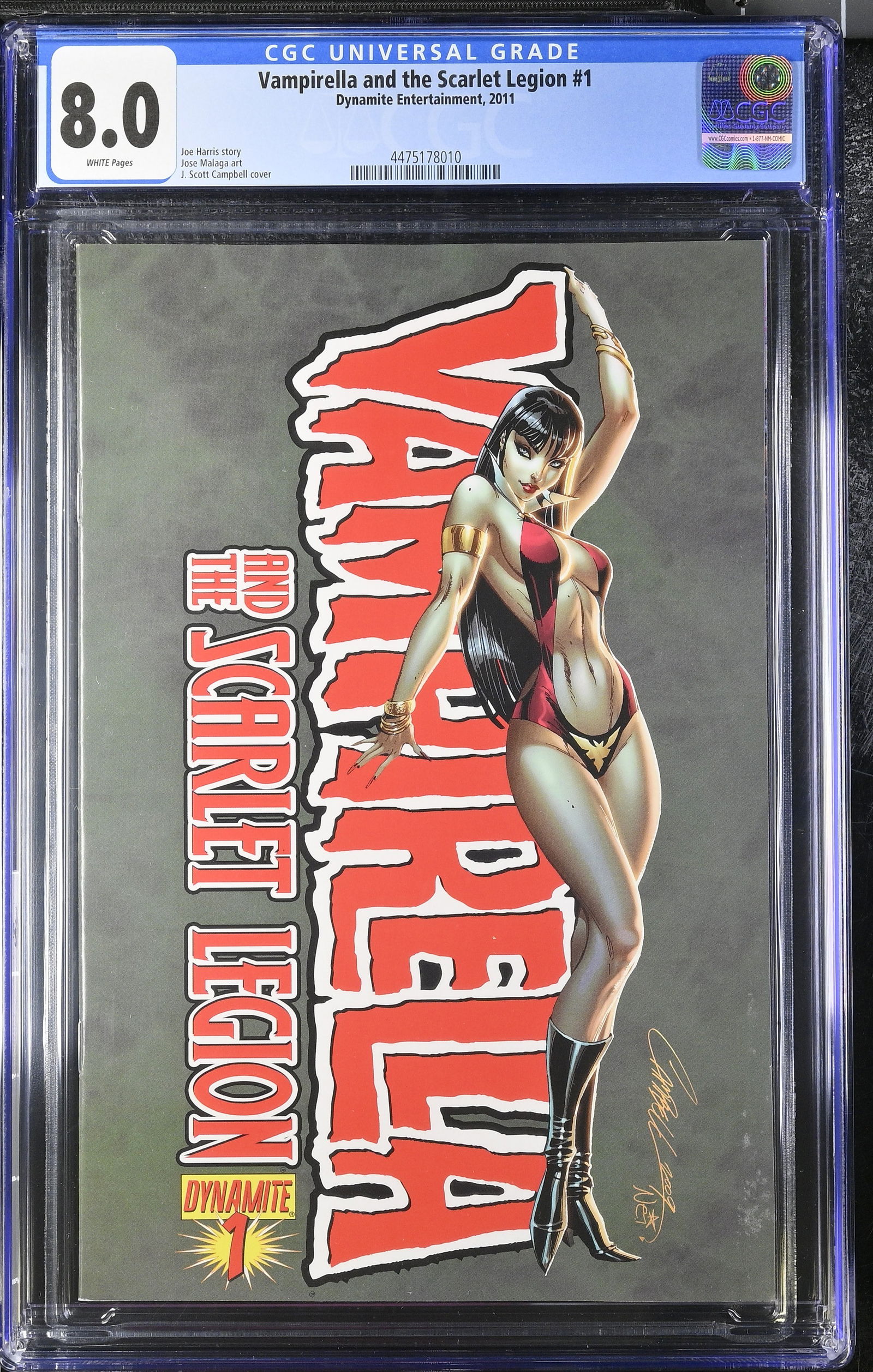 Vampirella and The Secret Legion #1 (Dynamite Comics 2011) CGC 8.0 J Scott Campbell: Vampirella and The Secret Legion #1 (Dynamite Comics 2011) CGC Graded 8.0. J Scott Campbell variant.??????Art by J. Scott Campbell, Jose Malaga. Written by Joe HarrisCGC Cert 4475178010CGC Grader note