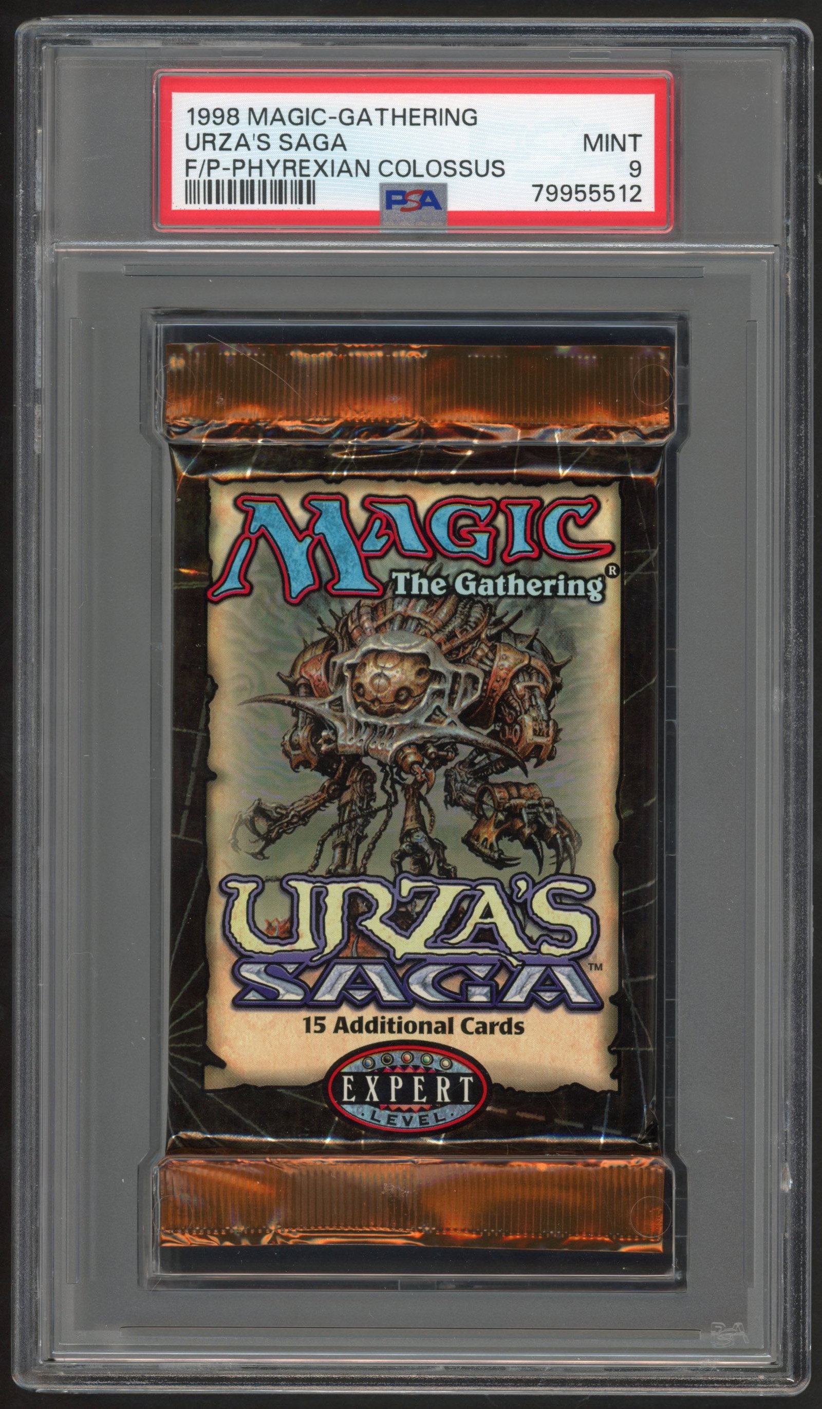 PSA 8 Urzas Saga Booster Pack (Phyrexian Colossus): A PSA 8 graded Urzas Saga sealed booster pack, featuring the artwork from Phyrexian Colossus.