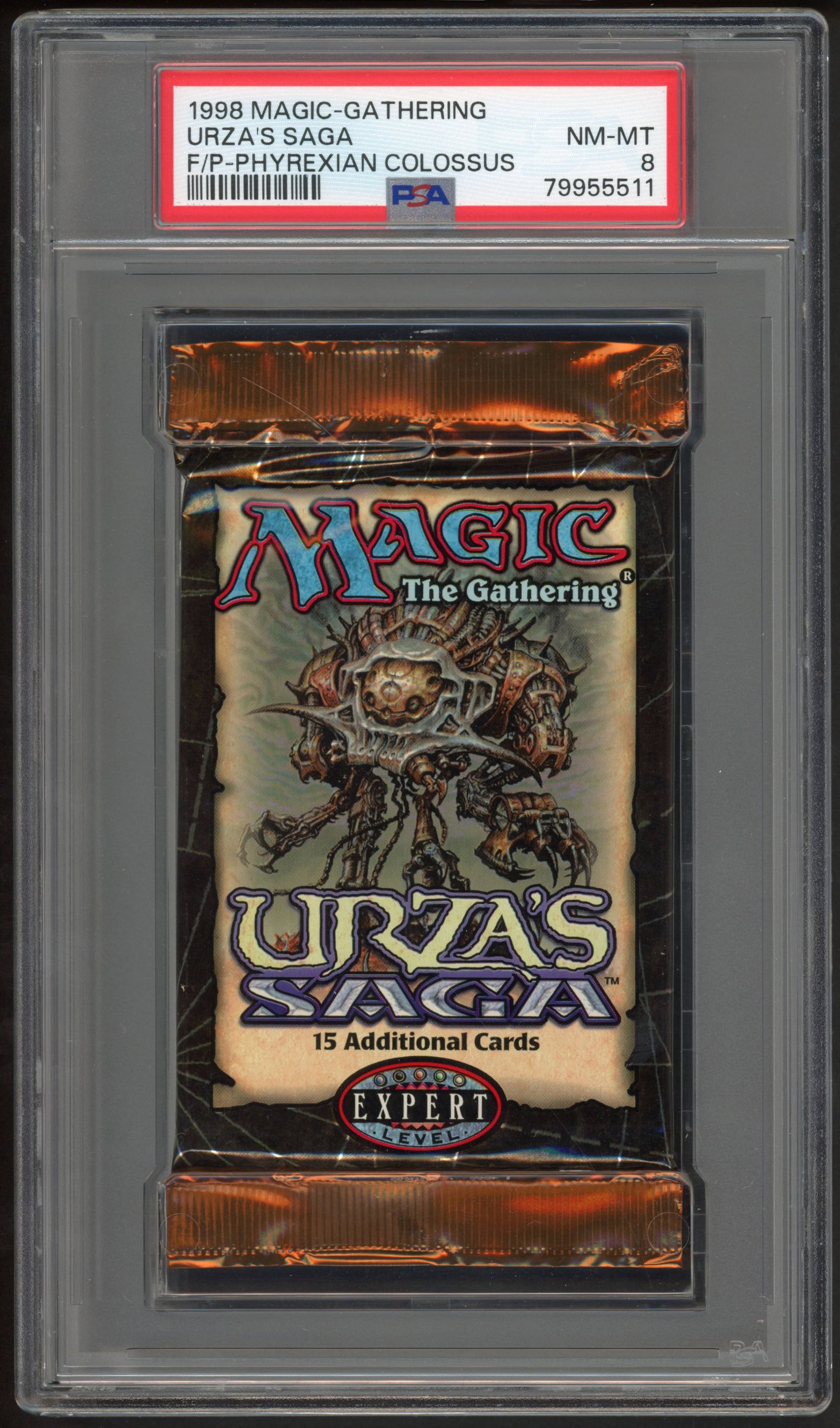 PSA 8 Urzas Saga Booster Pack (Phyrexian Colossus): A PSA 8 graded Urzas Saga sealed booster pack, featuring the artwork from Phyrexian Colossus.