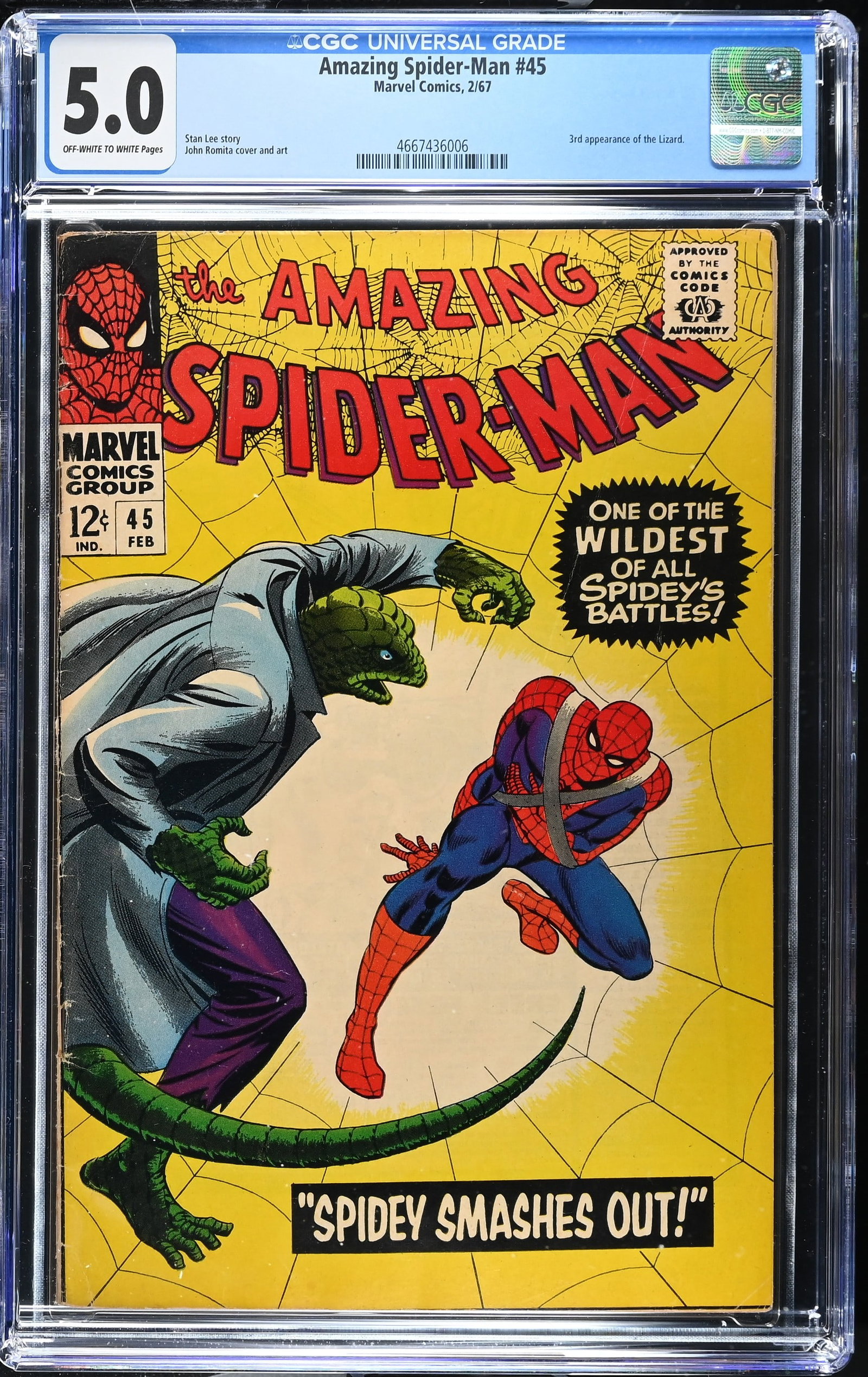 Amazing Spider-Man #45 (Marvel Comics 1967) CGC 5.0 Third Lizard (1 of 2)