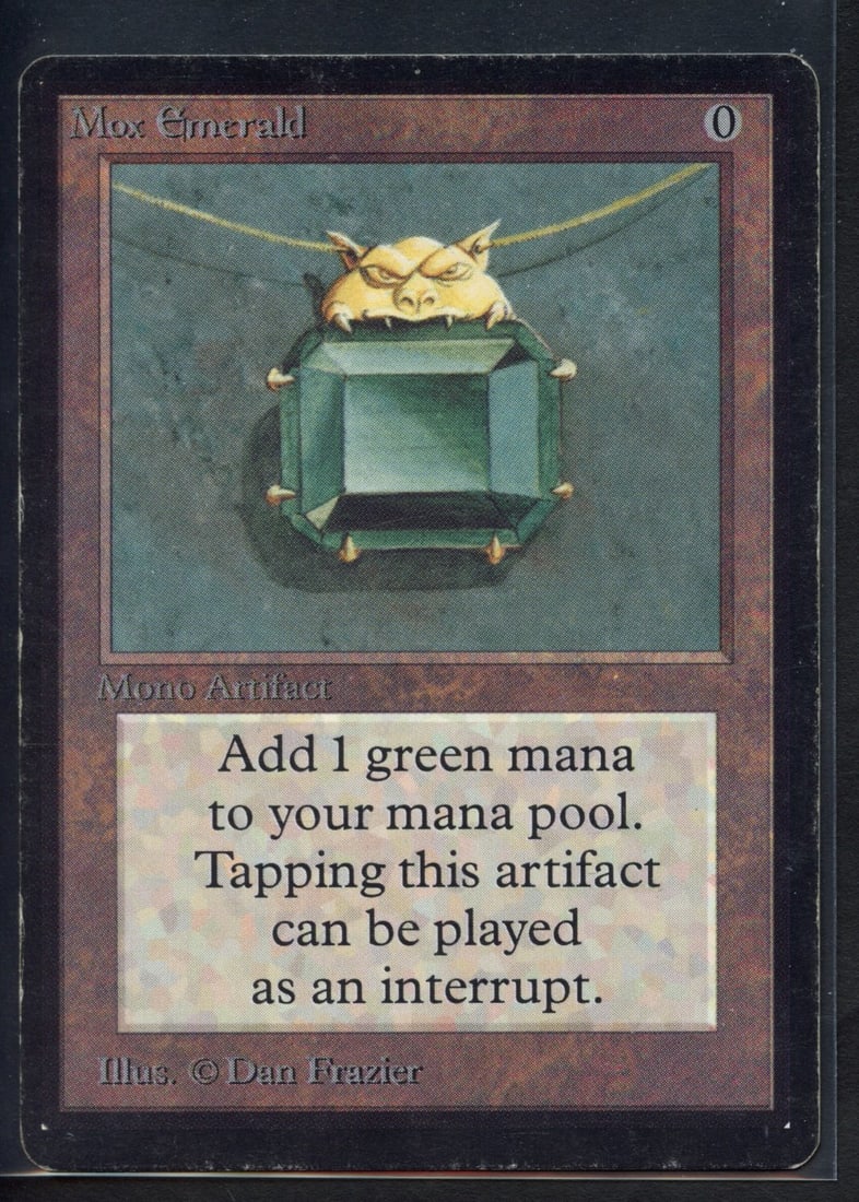 Mox Emerald - Beta (LP): Mox Emerald from Beta, in Light Play condition.Light scuffs and surface marks in addition to typical edge wear and aging make this Mox Emerald Light Play. The wear is uniform, enhancing the card's vis