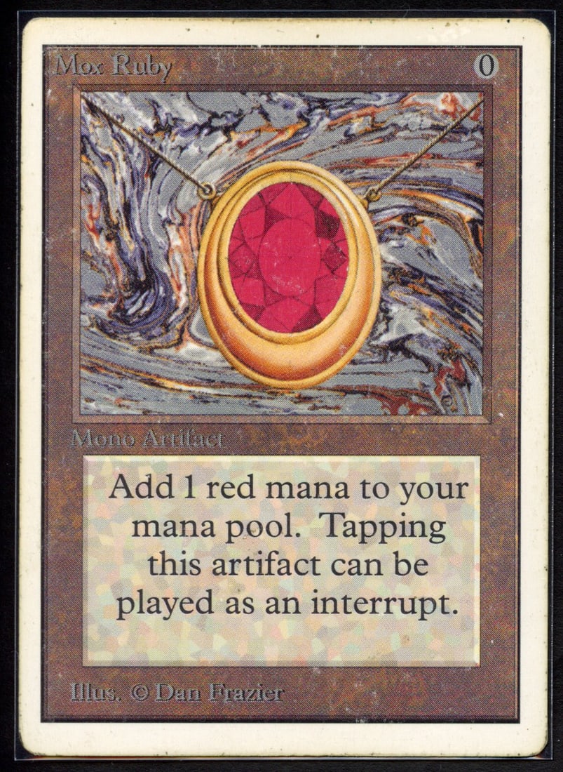 Mox Ruby - Unlimited (PL): This stunning Unlimited Mox Ruby is considered to be in Played condition by European Cardmarket standards; the American equivalent would be Heavy Played. This is the perfect Mox to place in a dec