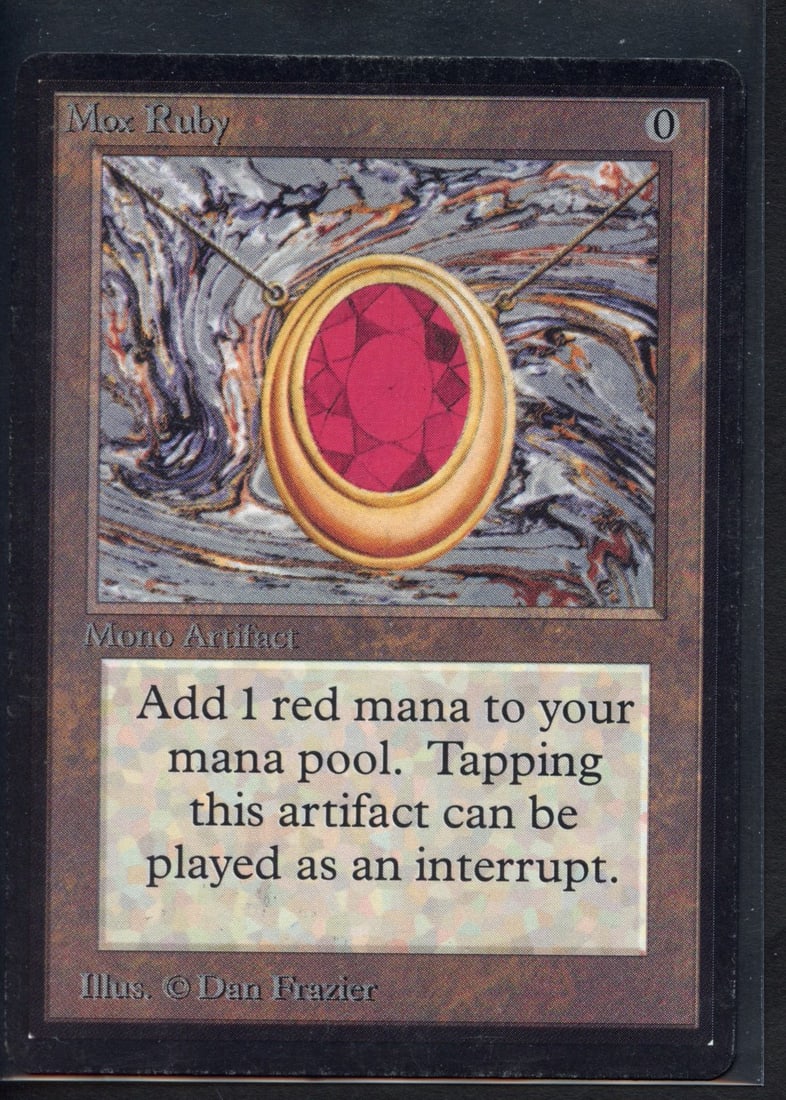 Mox Ruby - Beta (PO): Mox Ruby from Beta in Poor condition. While the card looks great, it has at some point had its entire border lightly inked, and as such is considered in Poor condition by European grading standards.Ar