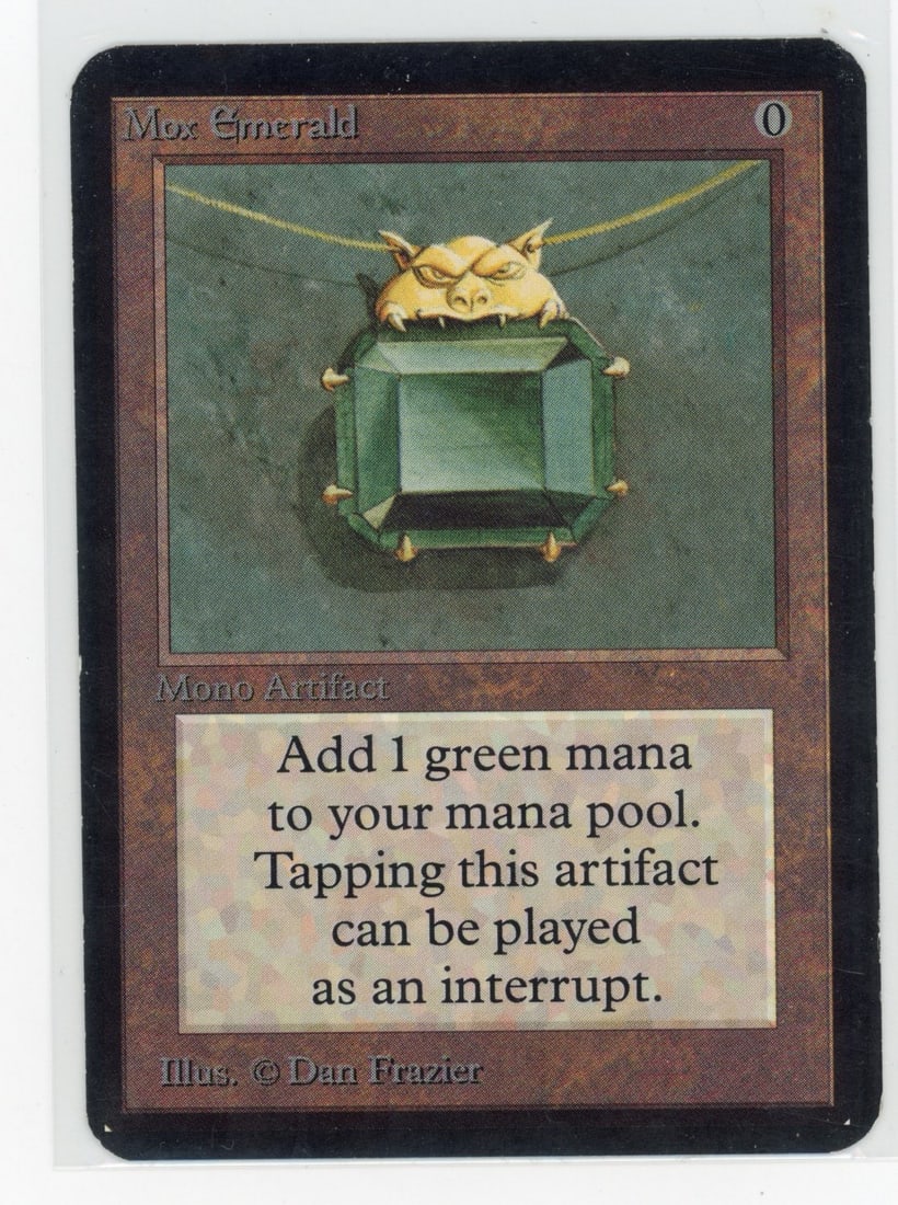 Mox Emerald - Alpha (GD+): This Alpha Mox Emerald is considered to be in Good+ condition by the European standards and Light Play by American TCG Player standards. The card has minimal edgewear on the front and back, accustom t