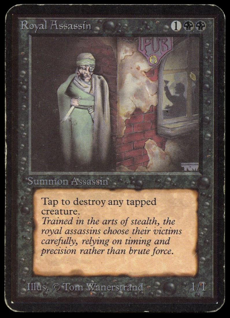 Royal Assassin - Alpha (PL): Royal Assassinfrom Alpha in Played (PL) condition. Considerable border wear, with a surface dent on the lower left part of the card face, but a great piece of Magic history.