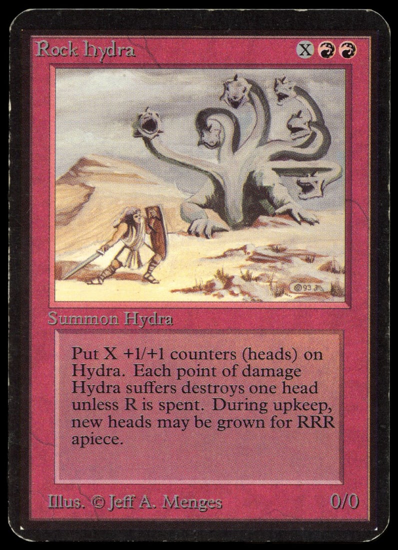 Rock Hydra - Alpha (LP+): Rock Hydra from Alpha in Light Play + (LP+) condition. We have given this card a + on its grade as the overall condition is very nice, with only surface abrasions and typical border wear bringing the