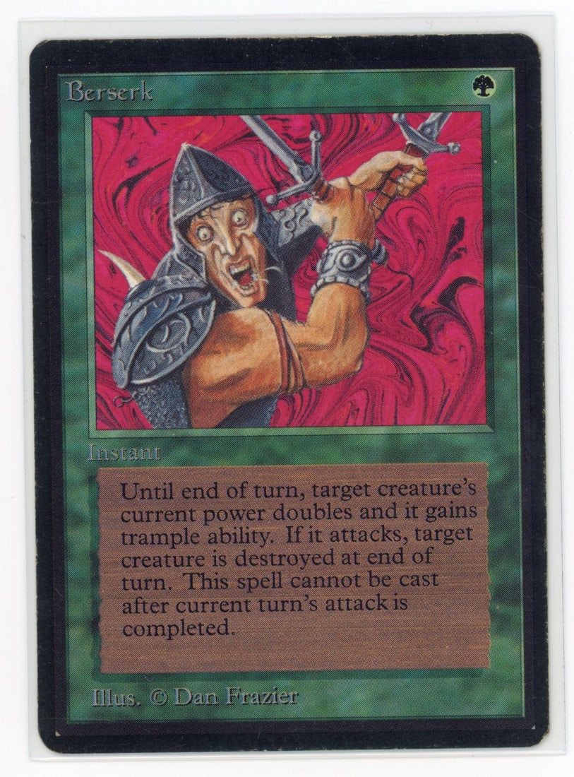 Berserk - Beta (LP+): Berserk from Beta, in Light Play+ condition.This powerful pump spell has made its way into many decks over the years. In additional to typical age-related border wear and some minor fraying, this card