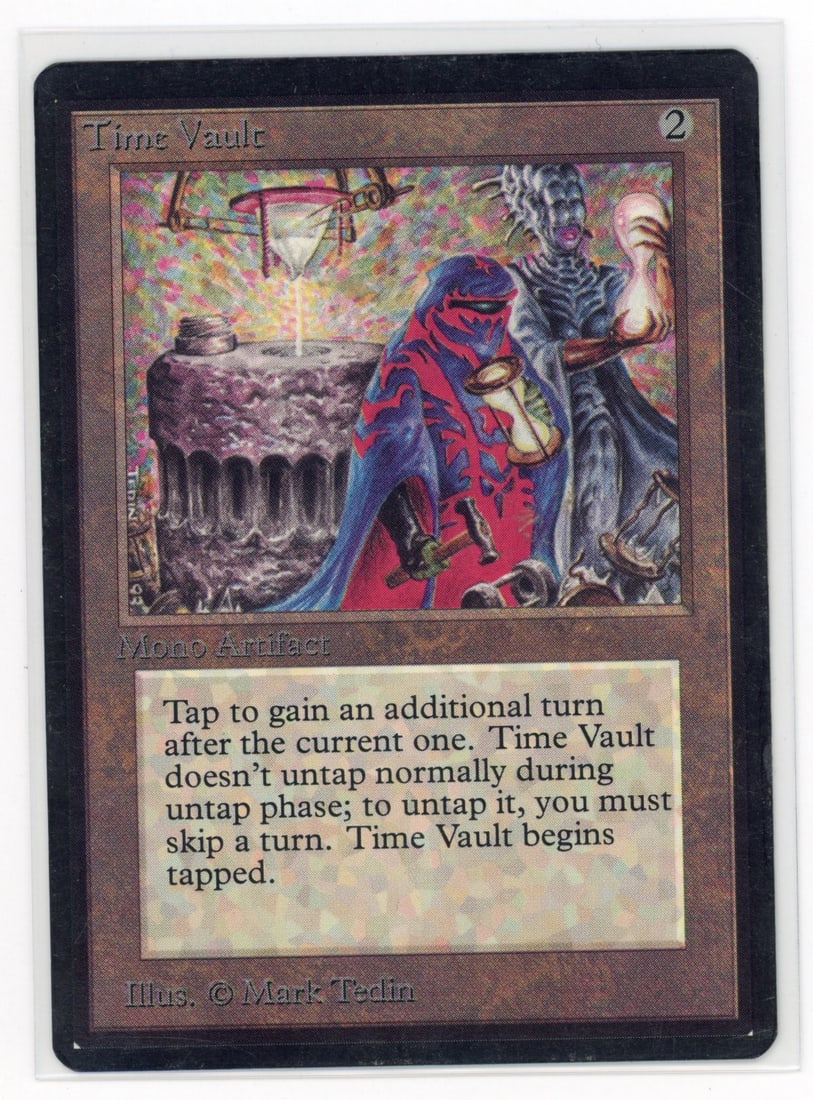 Time Vault - Beta (inked, PO): This Time Vault from Beta has at some point in its life been inked on all four borders. Otherwise, the card only exhibits minor border and surface wear with a few small dents. In a sleeve, this card l