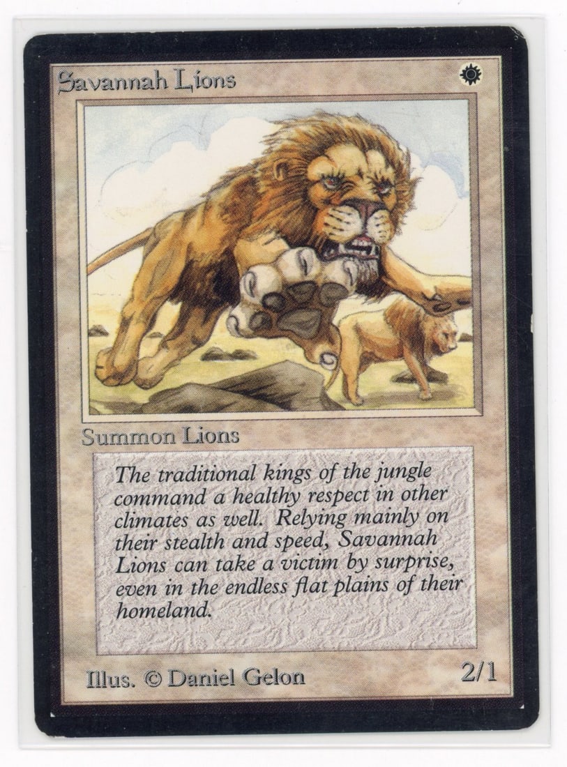 Savannah Lions - Beta (GD+): Savannah Lions from Beta, in Good+ condition.This Savannah Lions is a very clean example. The only notable wear is on the borders, where a couple of additional dings lower the grade to the Good+ range