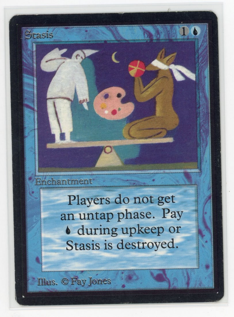 Stasis - Beta (LP): Stasis from Beta, in Light Play condition.This Stasis looks very clean, with only light border wear concentrated on the bottom left corner. Surface scratches/dents are also present, but the card looks