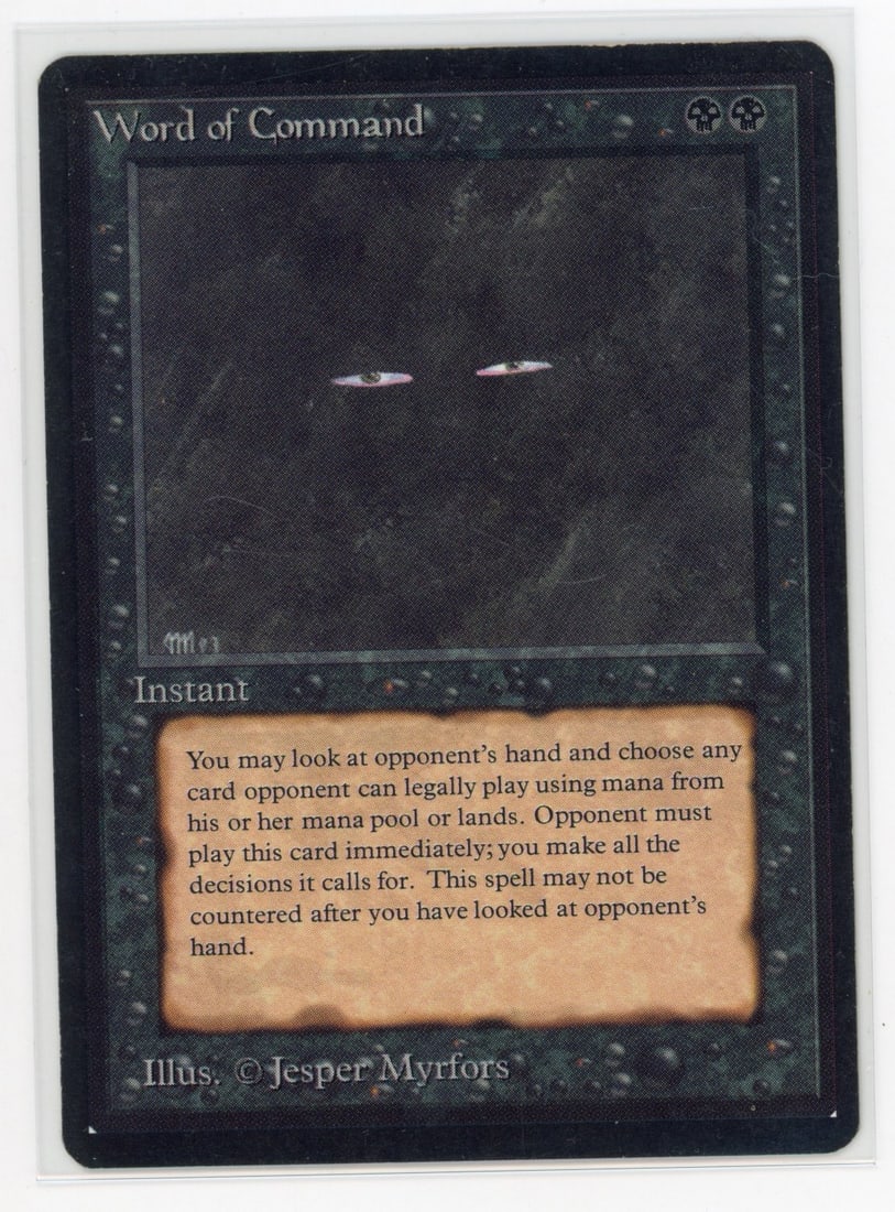 Word of Command - Beta (GD): Word of Command from Beta, in Good condition.This mysterious card has been well looked after over its long life. Only light scratches and border wear show its age on first glance. Nail marks/dents