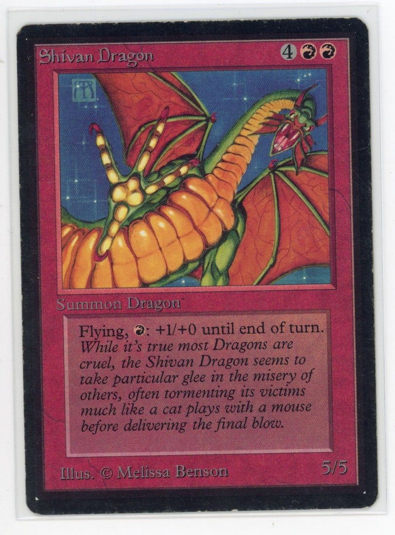 Shivan Dragon - Beta (GD): Shivan Dragon from Beta, in Good condition.This Shivan Dragon looks simply fantastic. The age-related wear is completely uniform, with no major dents or dings standing out. Some nail dents on the