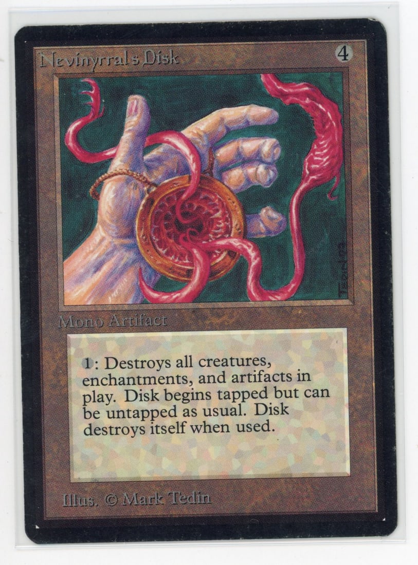 Nevinyrrals Disk - Beta (inked, PO): This Nevinyrrals Disk from Beta looks very clean, however what appears to be a tiny ink spot on the top edge brings this down to Poor condition, based on Magic Cardmarket's grading guidelines.Light