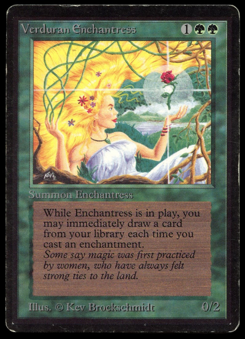Verduran Enchantress - Beta (PL): Verduran Enchantress from Beta in (PL) condition. Minor abrasions on rear face of the card with considerable border wear on all four sides.