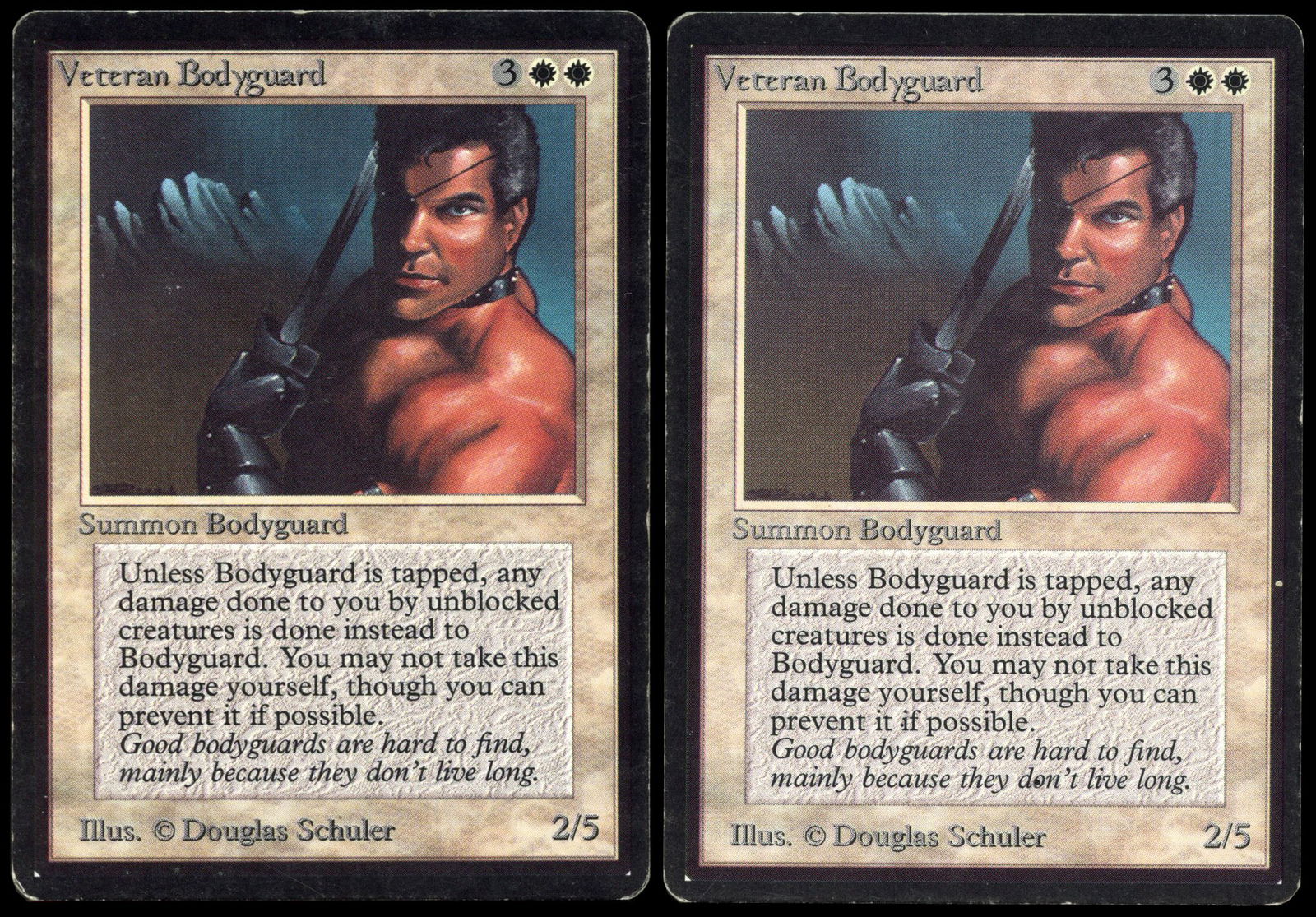 X2 Veteran Bodyguard - Beta (GD): X2 copies of Veteran Bodyguard in Good (GD) condition. These cards are in overall good condition, with some border wear and surface scratching. One copy has a smudge of dirt or missing ink on the righ