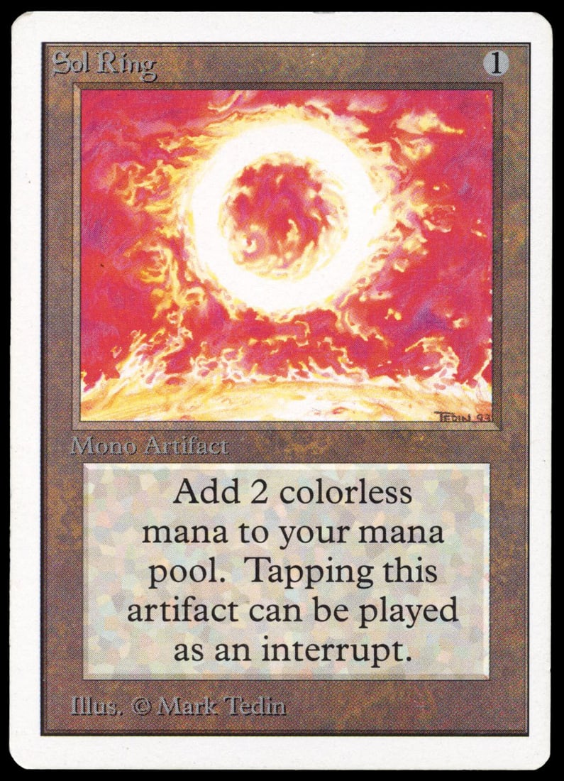 Sol Ring - Unlimited (EX+): Sol Ring from Unlimited in Excellent + (EX+) condition. This card looks almost perfect at first glance, with closer inspection revealing a tiny amount of dirt and light surface scratches visible under