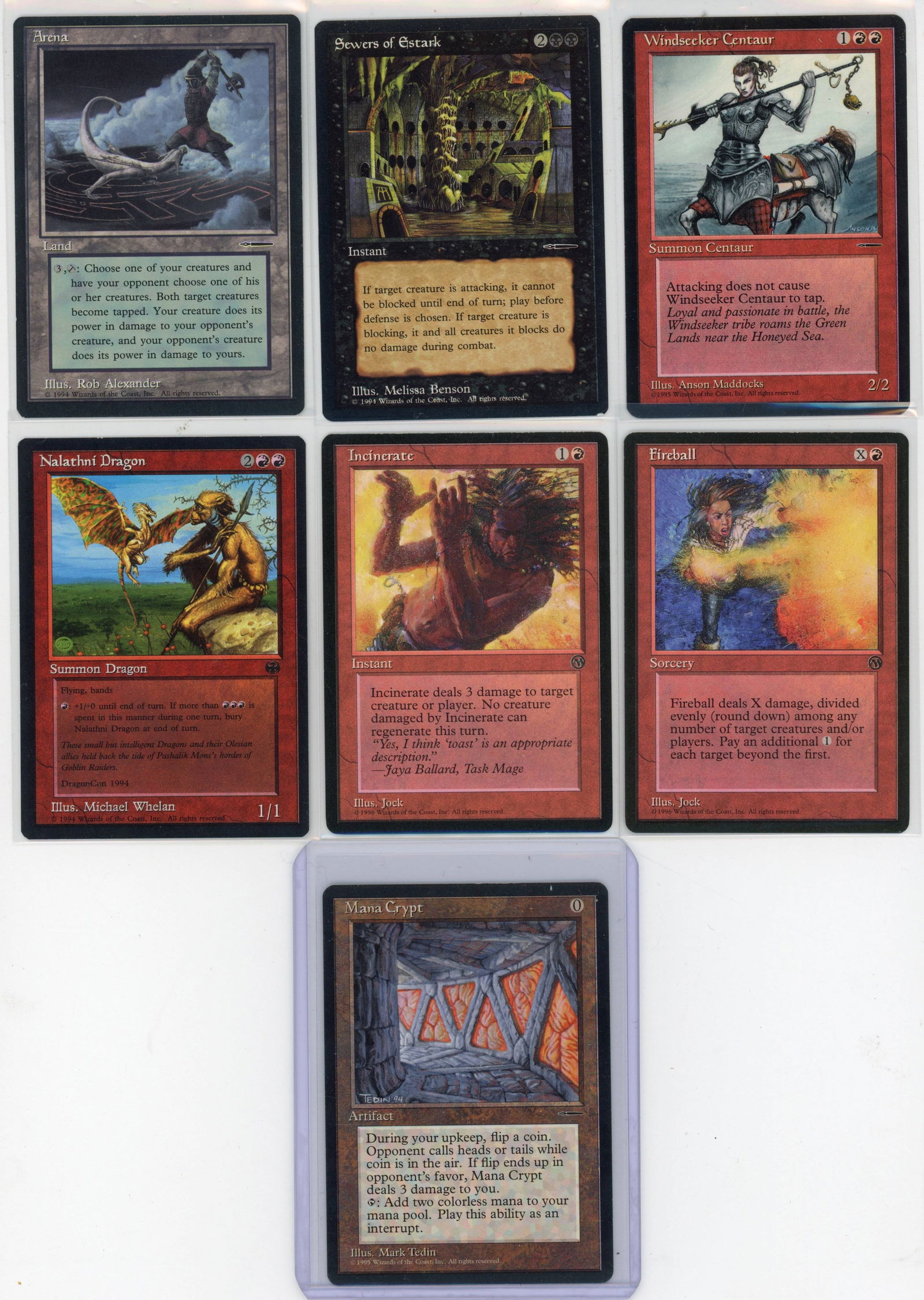 Vintage Magic Book Promos + More: This lot features x7 vintage MTG promotional cards:Mana Crypt - HarperPrism Book Promo #5 (LP - surface dents visible on rear surface)Fireball - Arena League 1996 #7Incinerate - DCI Legend Membership