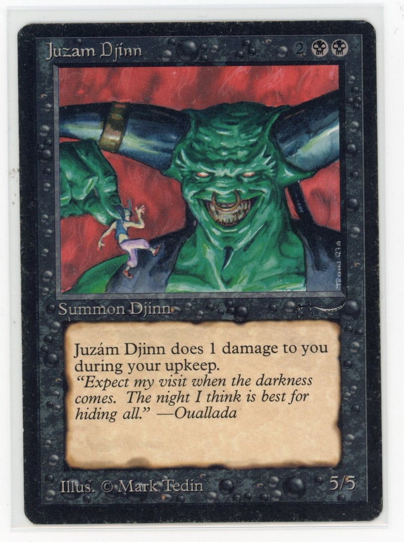 Juzam Djinn - Arabian Nights (LP): Juzam Djinn from Arabian Nights, in Light Play condition.This classic creature, with iconic artwork from Mark Tedin, is a hit among players and collectors alike. Scratches and dents can be seen on bot