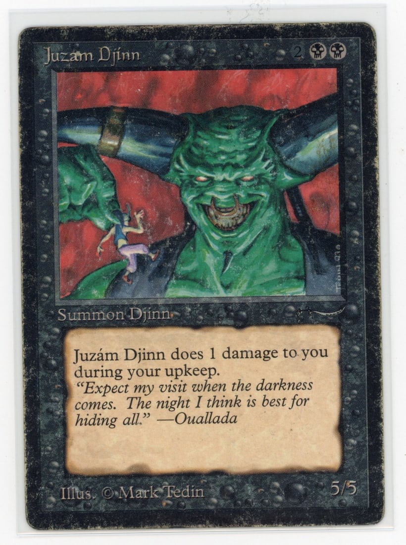 Juzam Djinn - Arabian Nights (PO): Juzam Djinn from Arabian Nights, in Poor condition.This classic creature, with iconic artwork from Mark Tedin, has had some serious play over the years. Notable abrasions on the card's surfaces can be