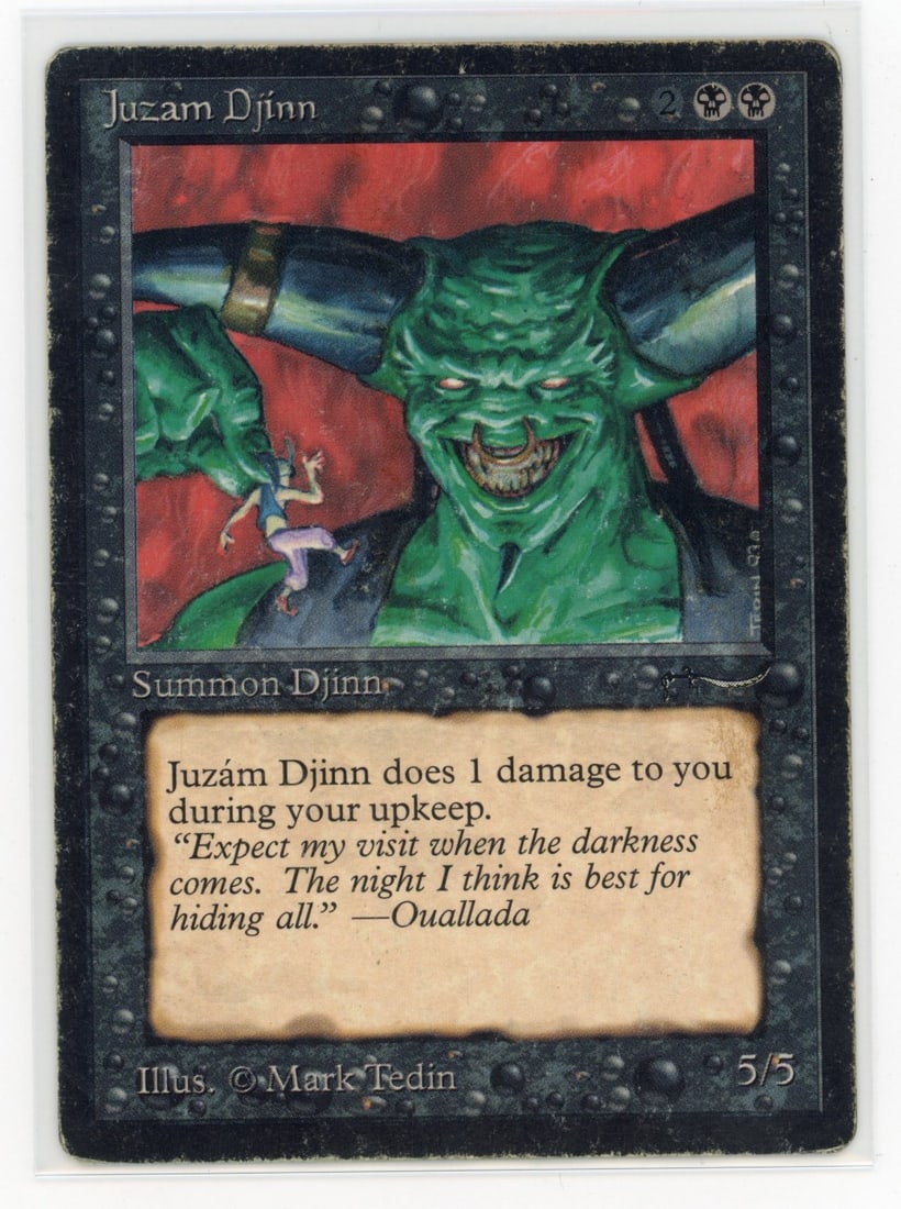 Juzam Djinn - Arabian Nights (PO): Juzam Djinn from Arabian Nights, in Poor condition.This classic creature, with iconic artwork from Mark Tedin, has had some serious play over the years. Notable abrasions on the card's surfaces can be