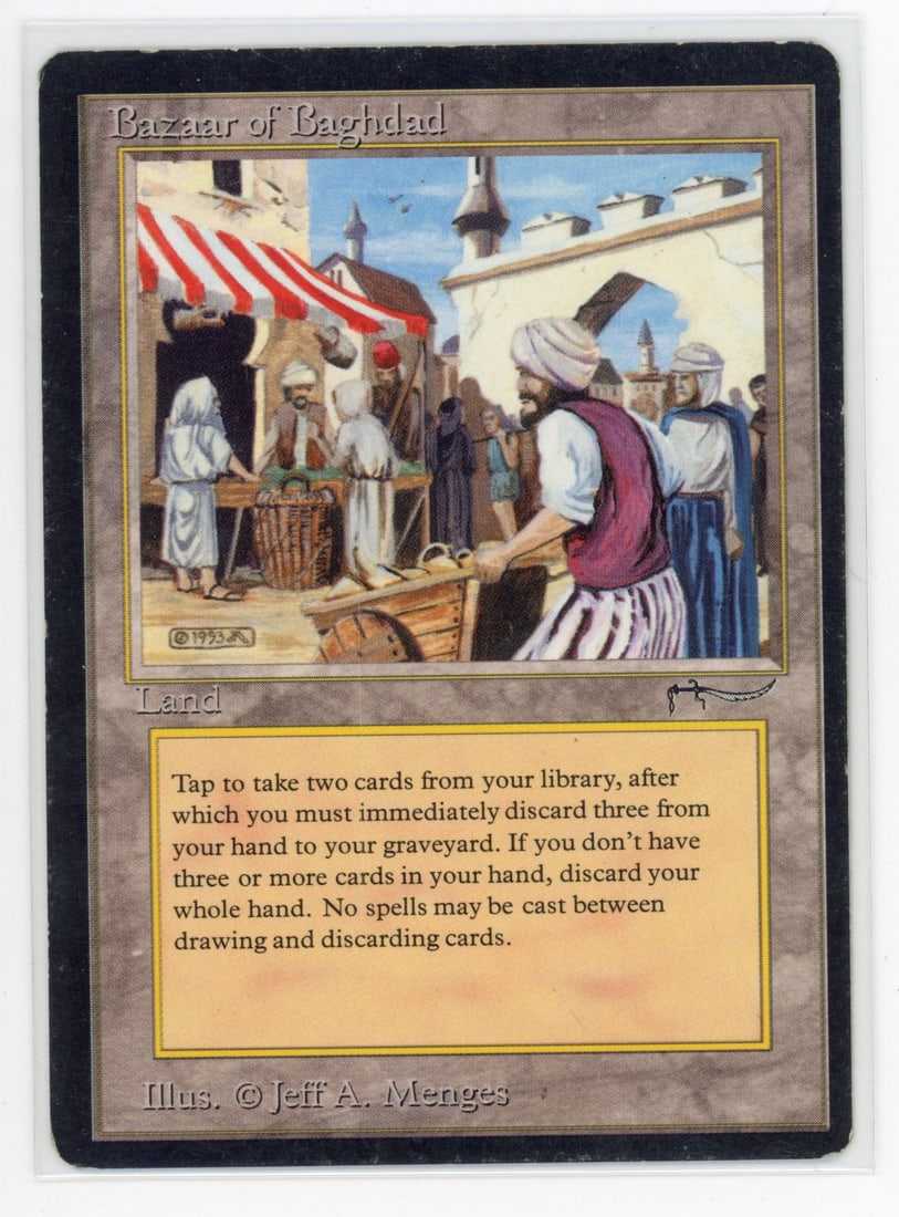 Bazaar of Baghdad - Arabian Nights (LP+): Bazaar of Baghdad from Arabian Nights, in Light Play+ condition.This Bazaar shows extremely uniform wear across the card. No specific features stand out, making this a visually impressive example desp