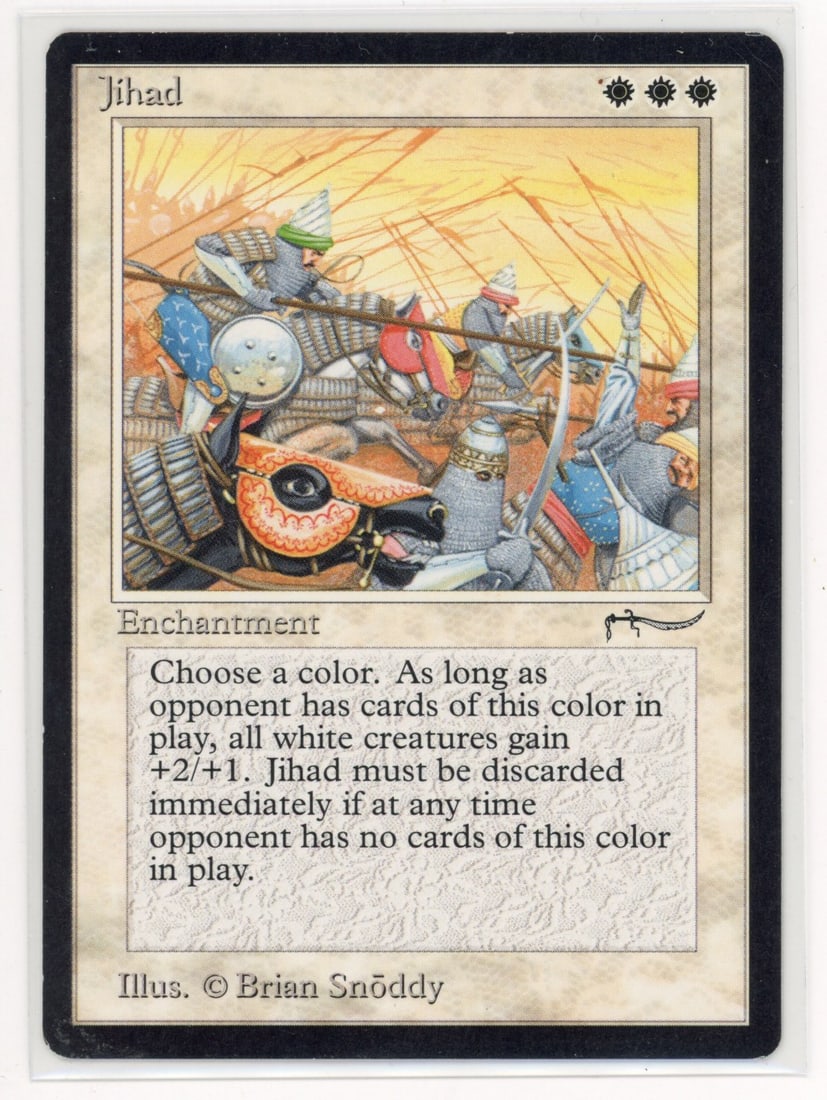 Jihad - Arabian Nights (GD): Jihad from Arabian Nights, in Good condition.This copy has only very light wear on the borders, with a dirt spot next to the left white mana symbol.