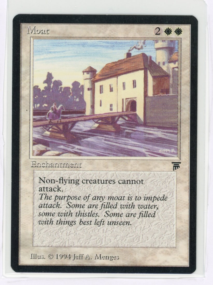 Moat - Legends (EX+): Moat from Legends, in Excellent+ condition.While this card is extremely close to Near Mint, two tiny white dings on the border take it into the very top range of Excellent.