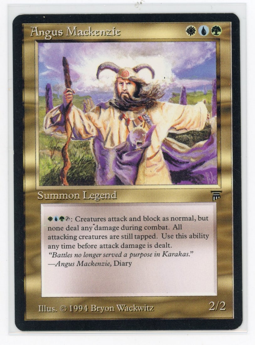 Angus Mackenzie - Legends (EX+): Angus Mackenzie from Legends , in Excellent+ condition.This stunning card looks as if it were pulled from a booster today. A couple of tiny knocks on the border stop the card from being a true NM.