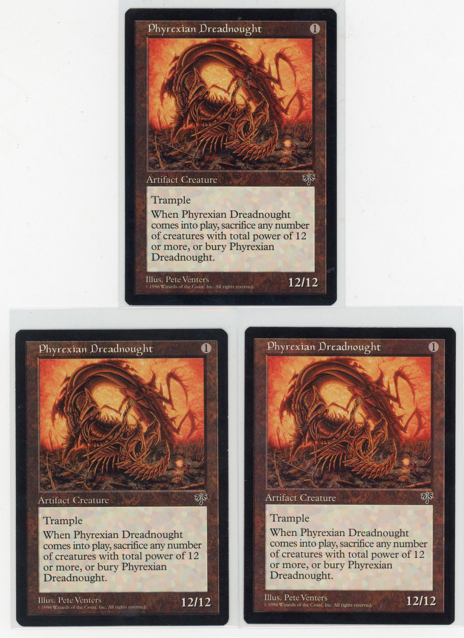 X3 Phyrexian Dreadnought - Mirage (EX+/NM): This lot features Phyrexian Dreadnoughts from Mirage, in Excellent+ / Near Mint condition. Only extremely light signs of wear can be seen on these fantastic looking cards.