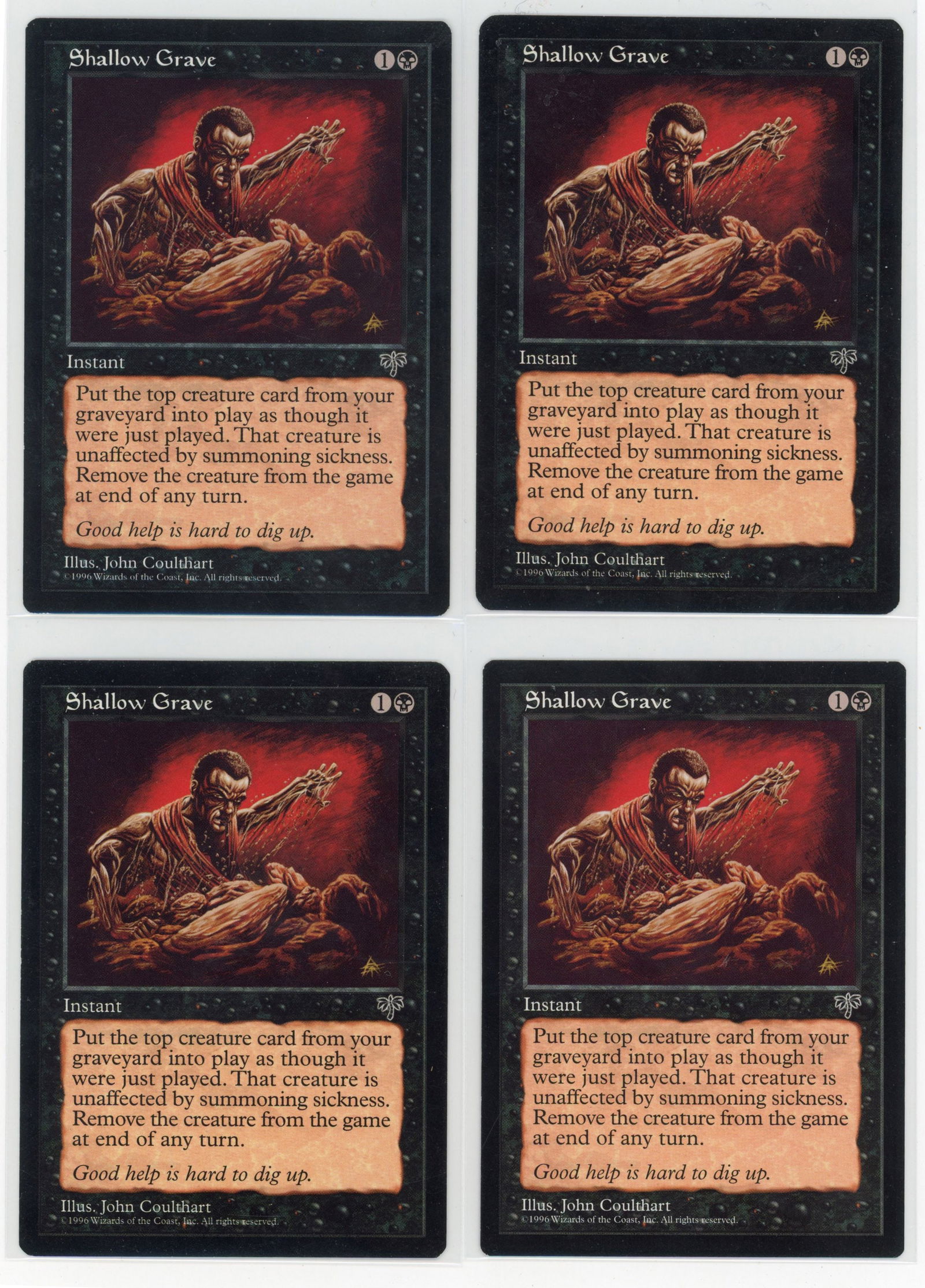 Playset of Shallow Grave - Mirage (GD, EX, EX, NM): This lot features x4 copies of Shallow Grave from Mirage in the following conditions: Good, Excellent, Excellent, and Near Mint.